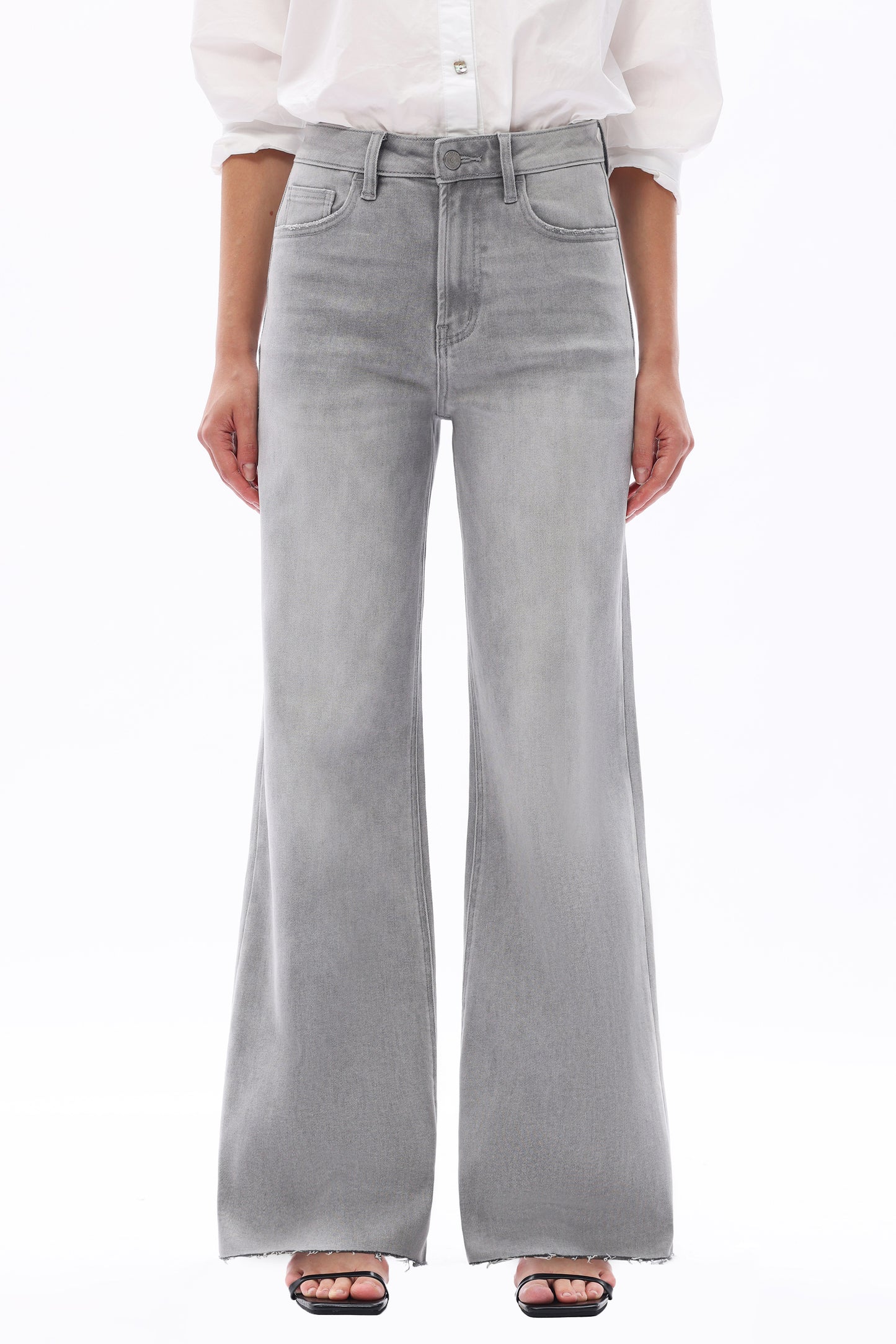 SUPER HIGH RISE WIDE LEG FRAYED HEM DENIM JEANS OSW8101-1 STONE GRAY