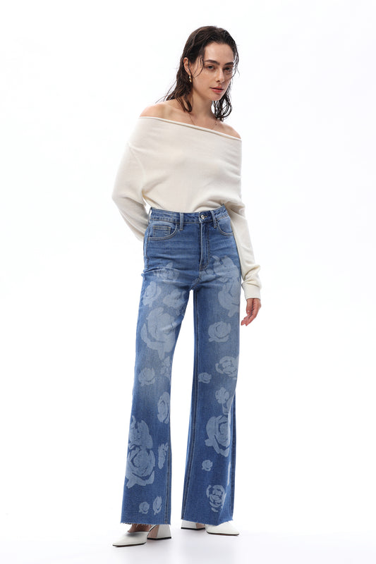 Super High Rise Wide Leg Denim Jeans With Floral Print OSW8101-2