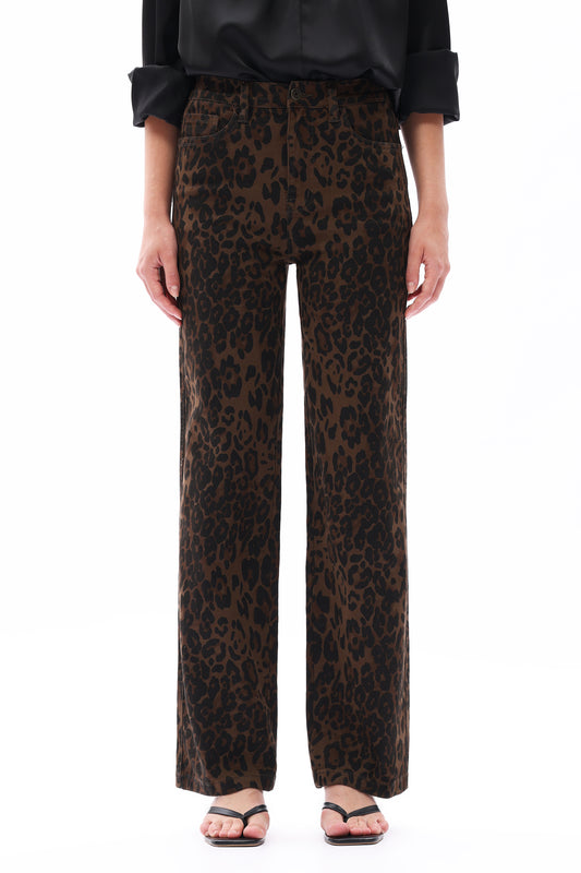 HIGH RISE RELAXED STRAIGHT LEOPARD PRINT PANTS OST5028 COFFEE