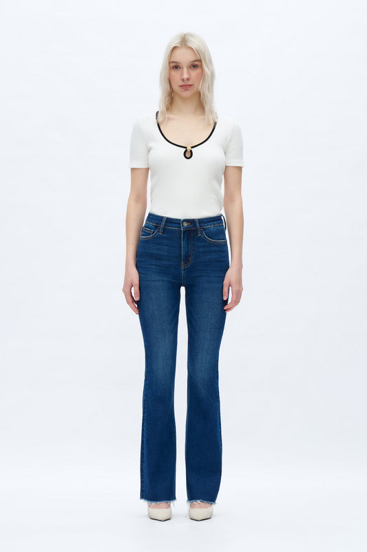 HIGH RISE RAW HEM STRAIGHT LEG JEANS OSFM1004 MEDIUM BLUE