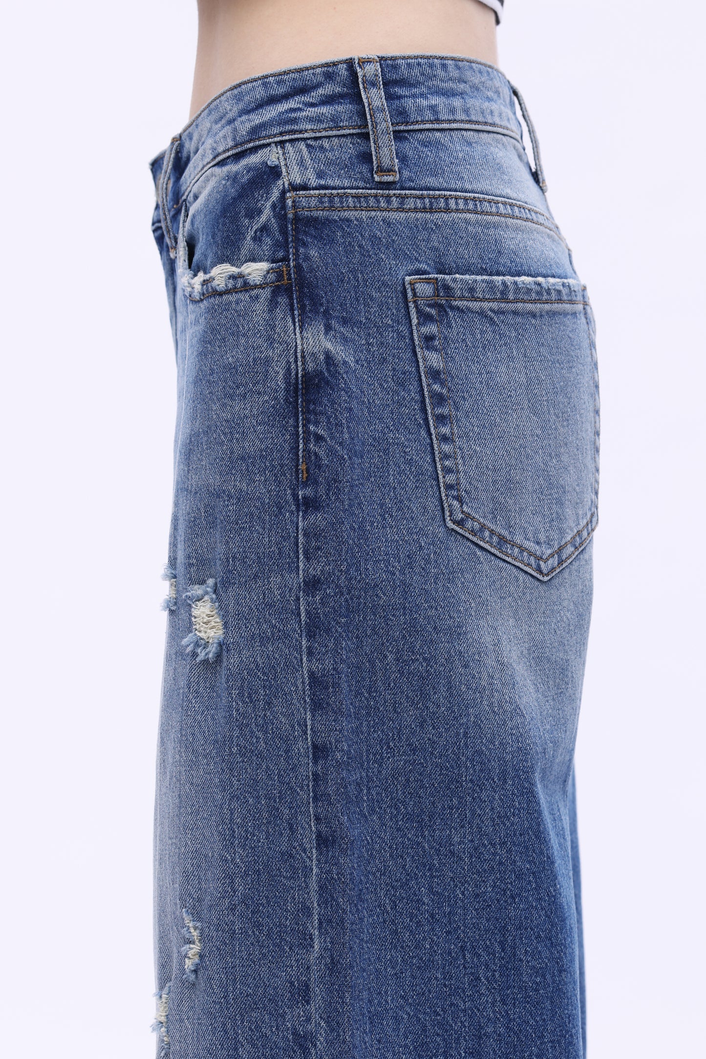Low Rise Wide Leg  Distressed Jeans OSW8014
