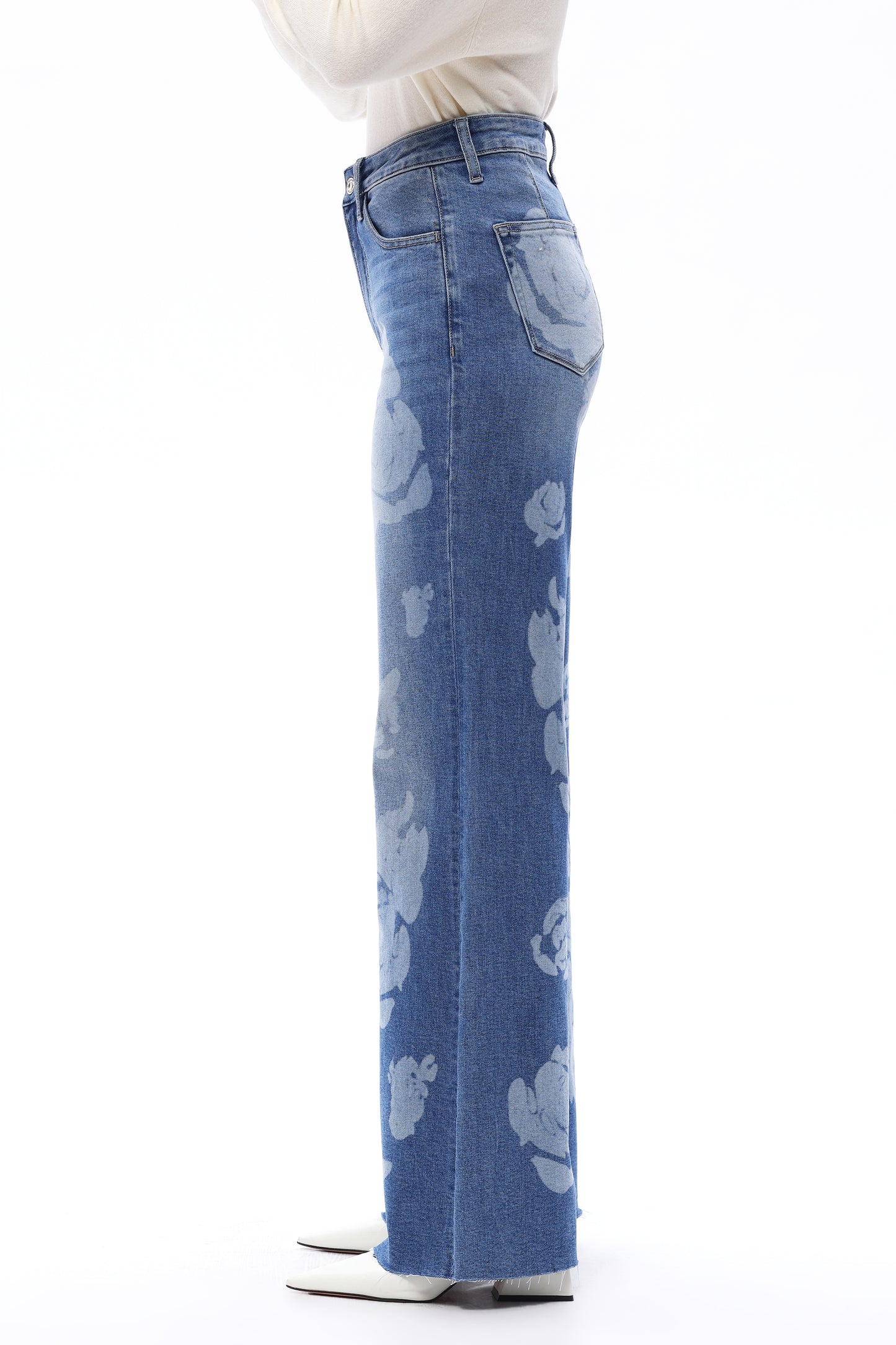 SUPER HIGH RISE WIDE LEG DENIM JEANS WITH FLORAL PRINT OSW8101-2 MEDIUM BLUE
