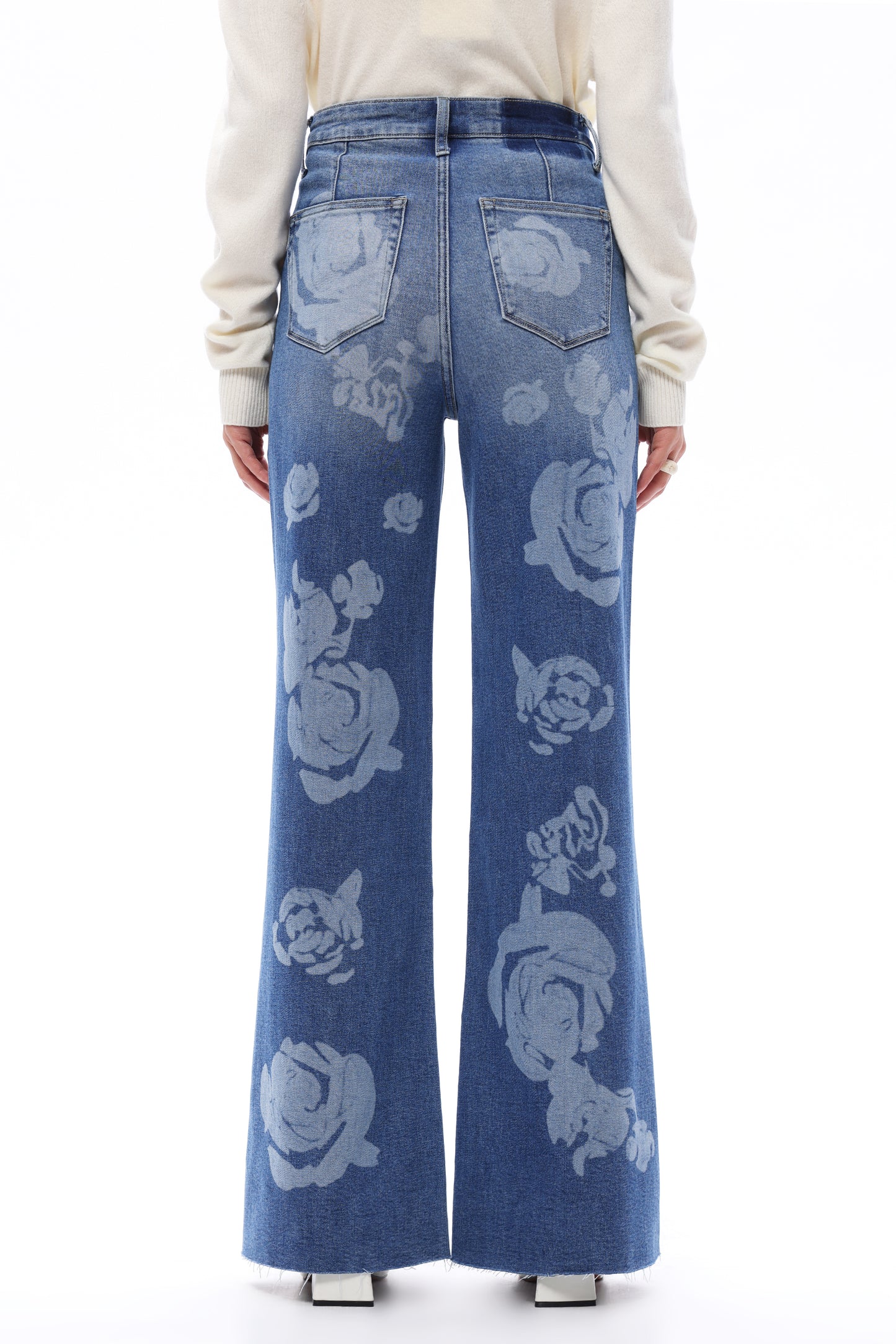 SUPER HIGH RISE WIDE LEG DENIM JEANS WITH FLORAL PRINT OSW8101-2 MEDIUM BLUE