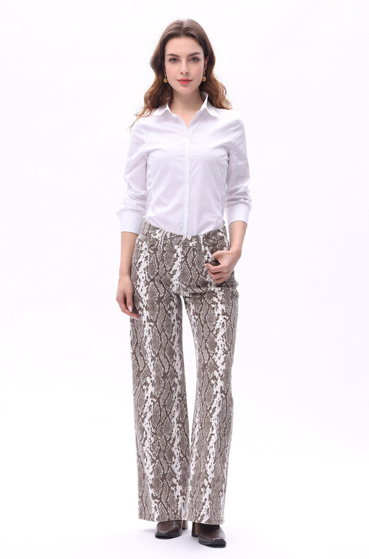 Mid Rise Wide Leg Jeans Raw Hem Print Denim OSW8019