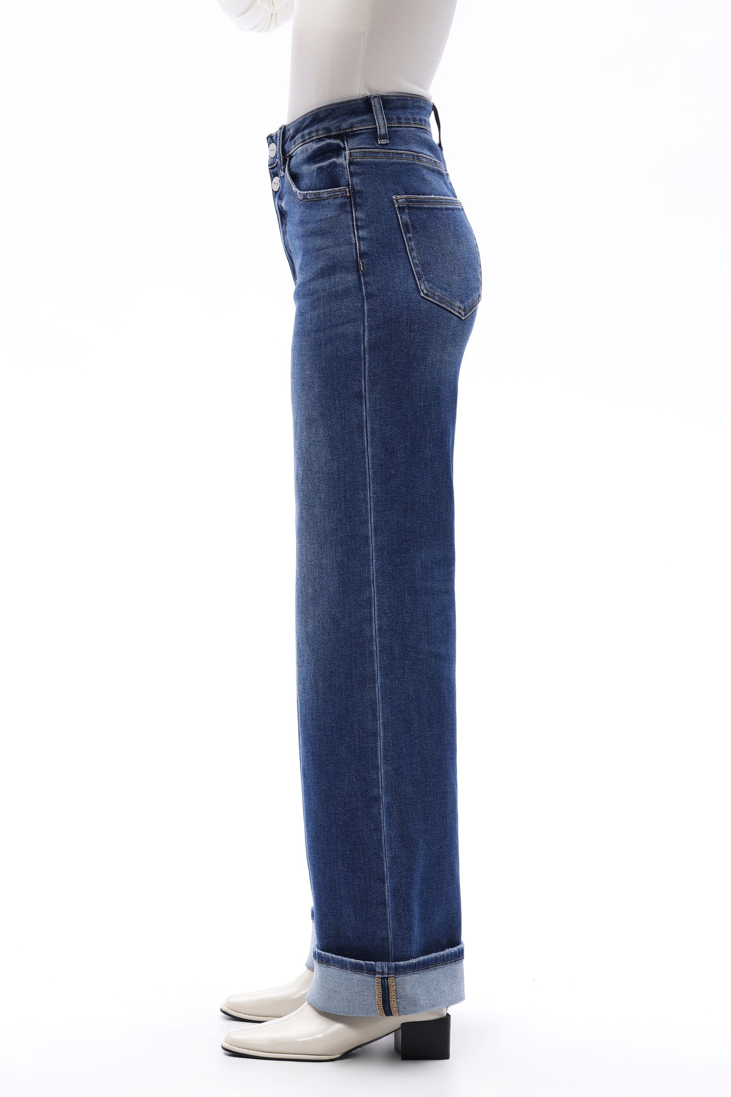 HIGH RISE ROLLED HEM WIDE LEG DENIM JEANS OSW8015 MEDIUM BLUE