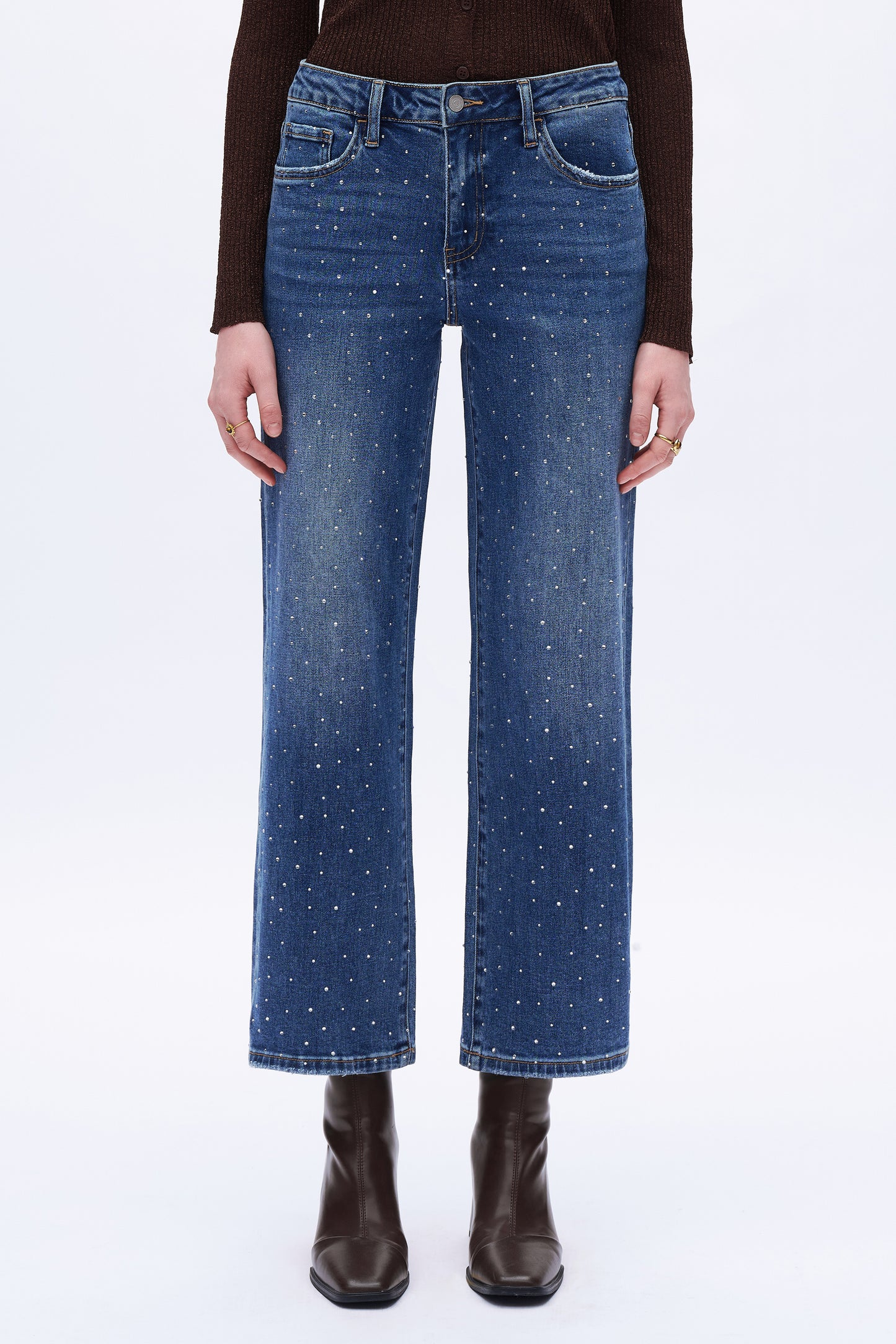 High Rise Rhinestone Wide Leg Jeans OSWM8008