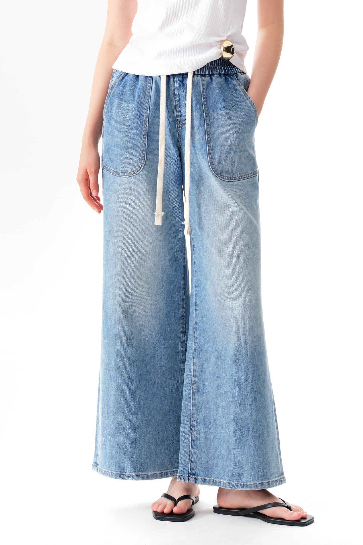 High Rise Drawstring Wide Leg Denim Jeans OSGG001
