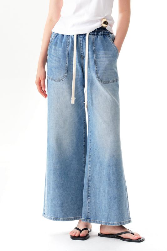 High Rise Drawstring Wide Leg Denim Jeans OSGG001