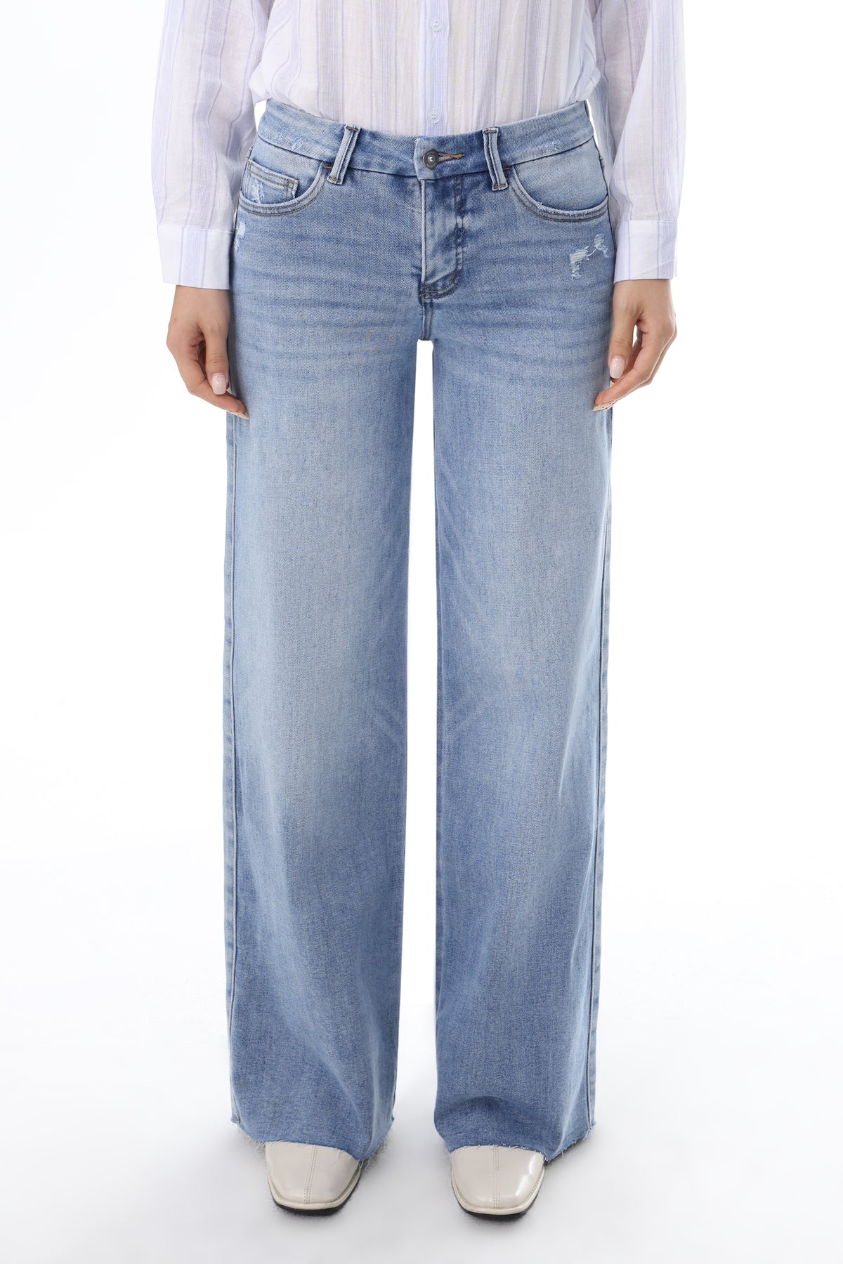 Mid Rise Wide Leg Jeans Raw Hem Vintage Denim OSW8019