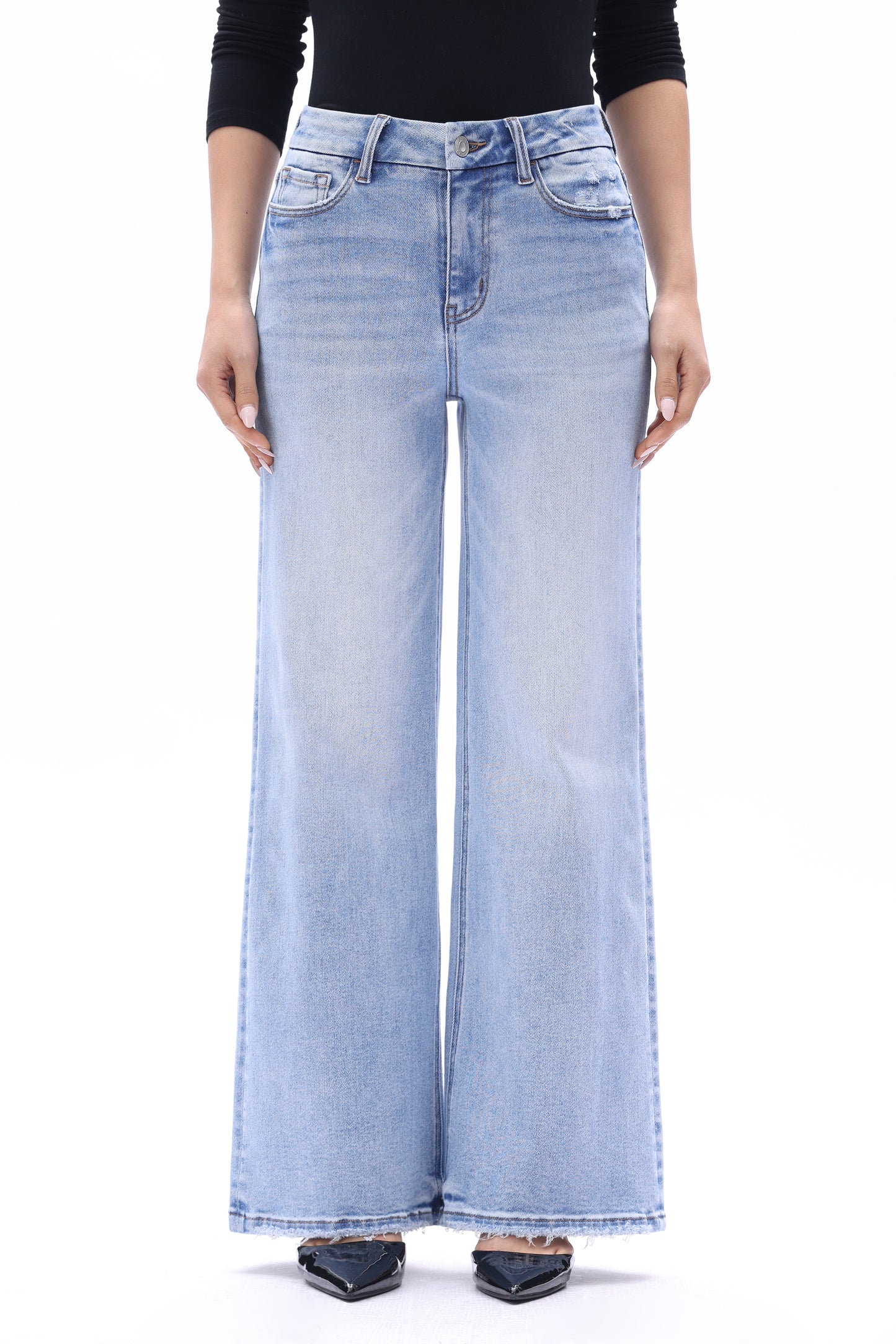 MID HIGH RISE FLARED WIDE LEG ANKLE JEANS ESFW630816