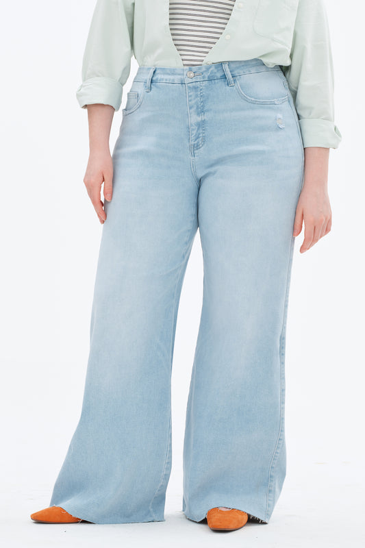 Plus Size Mid Rise Wide Leg Jeans Raw Hem Vintage OSW8019-P