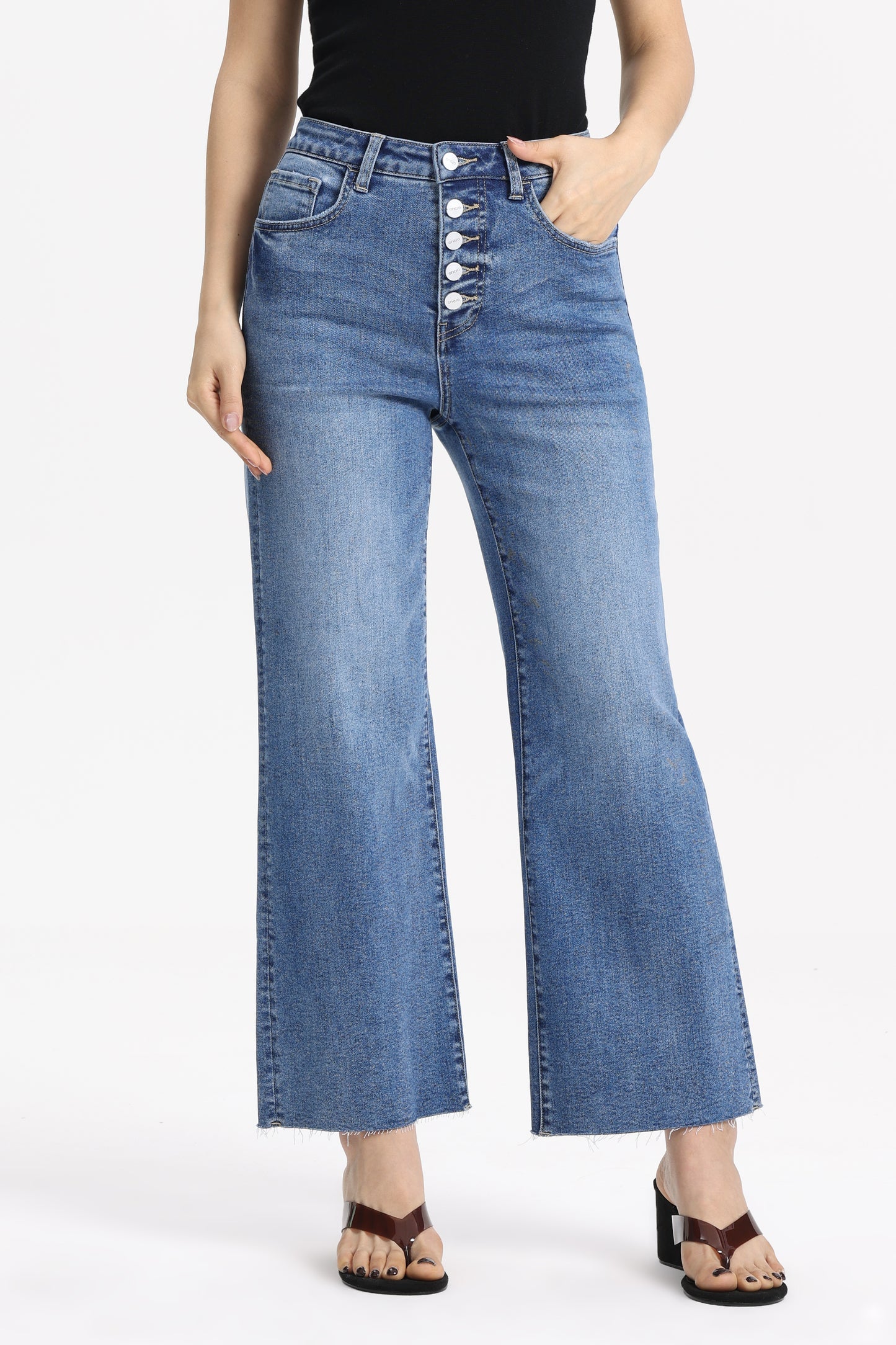 Cropped High Rise Wide Leg Jeans with Button-Fly Raw Hem OSN003