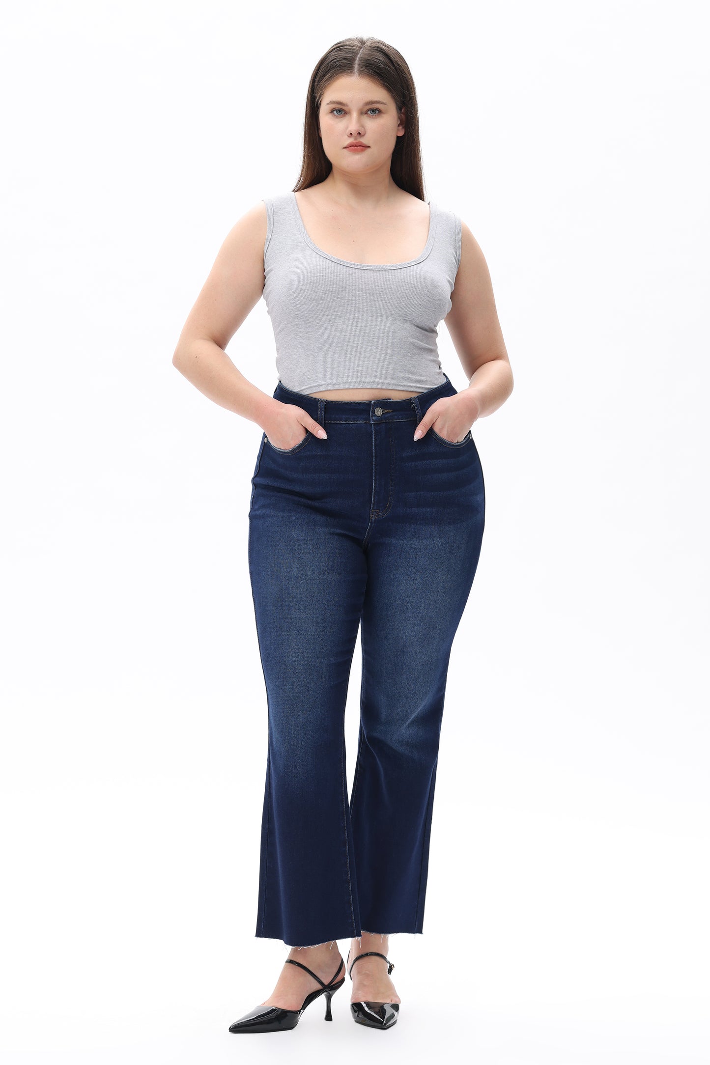 Plus Size High Rise Bootcut Raw Hem Denim Jeans OSF1137-P