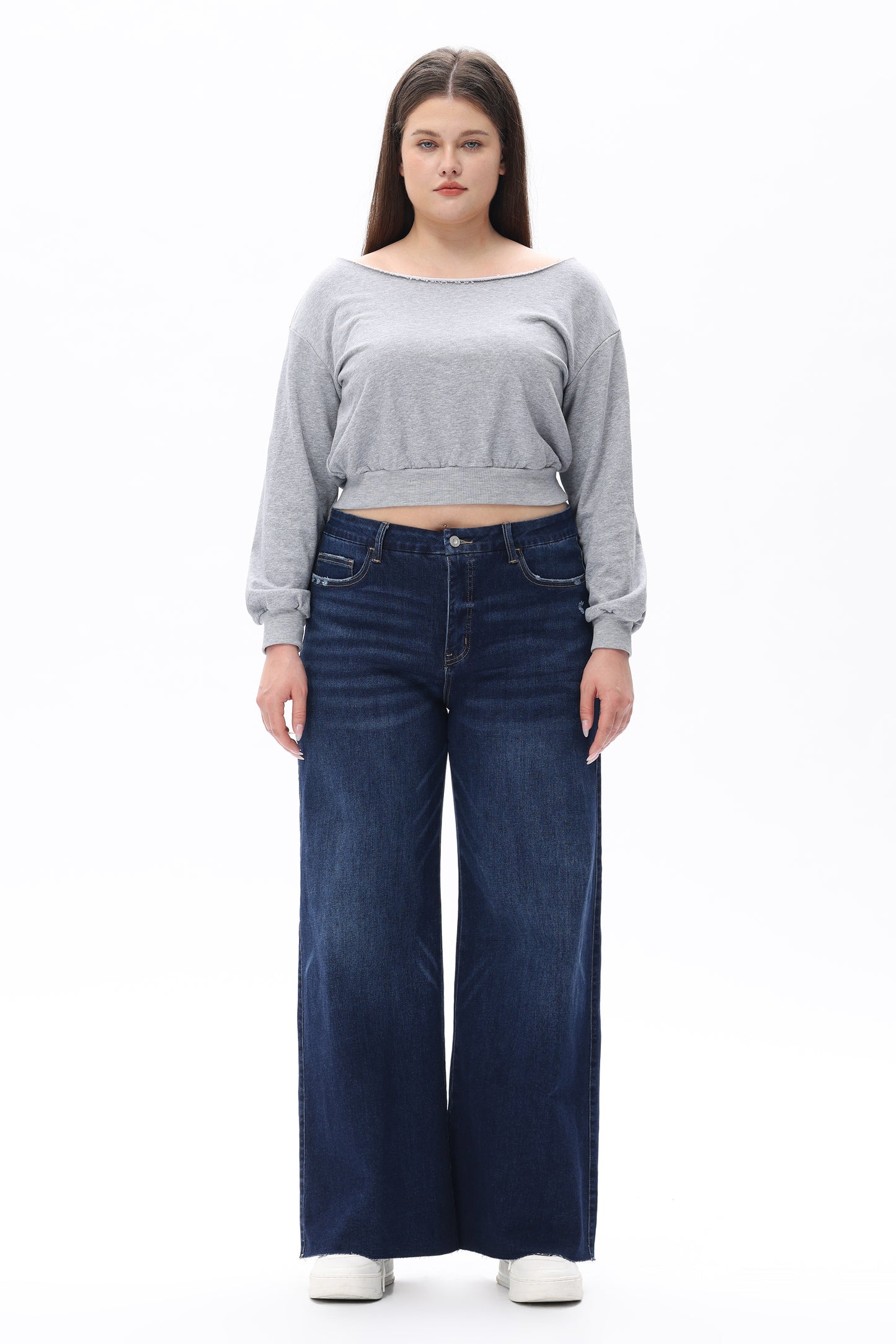 MID RISE WIDE LEG JEANS RAW HEM VINTAGE DENIM OSW8019-P