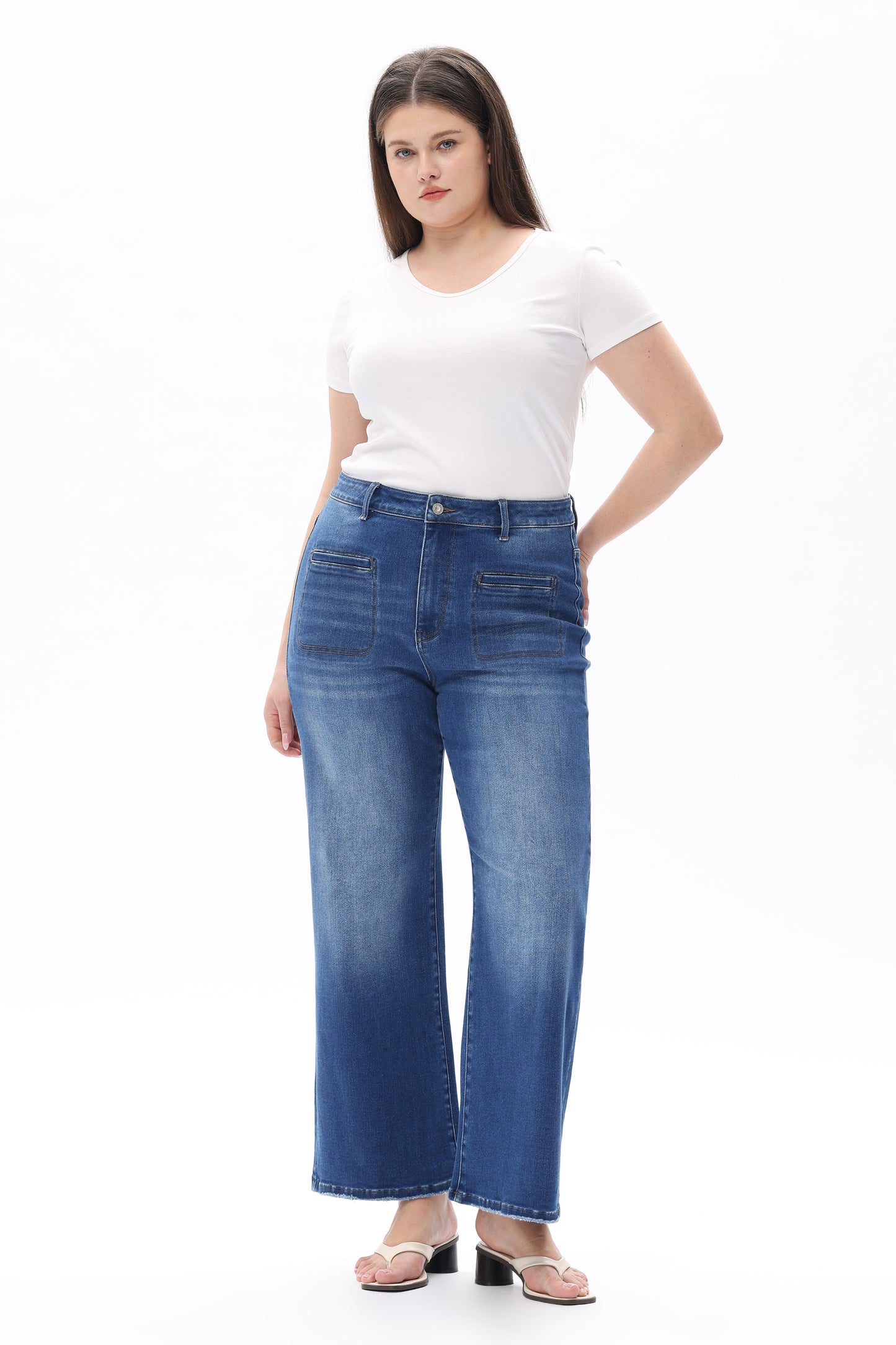 Plus Size High Rise Straight Jeans Front Patch Pockets OST5023-P