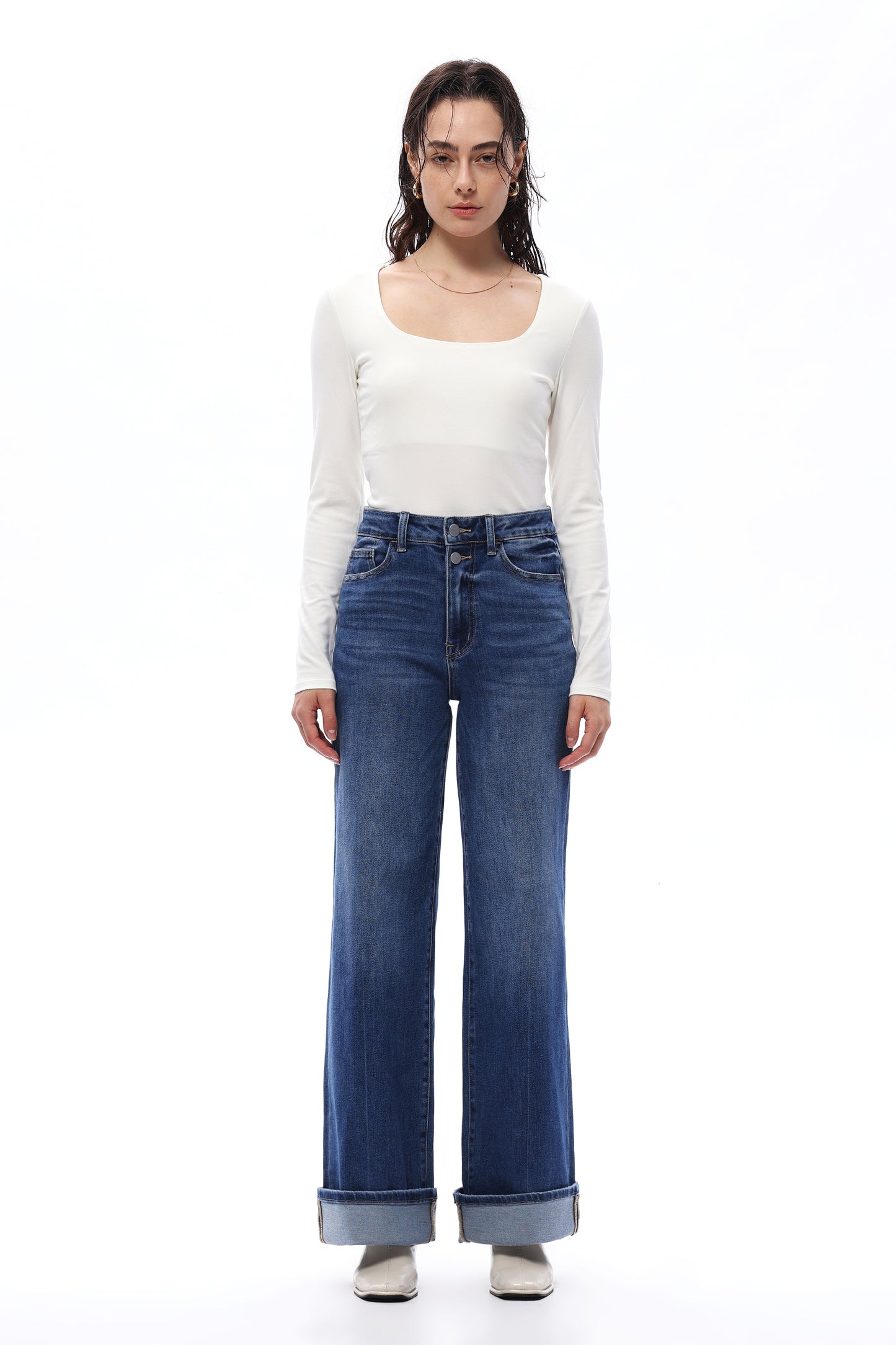 HIGH RISE ROLLED HEM WIDE LEG DENIM JEANS OSW8015 MEDIUM BLUE