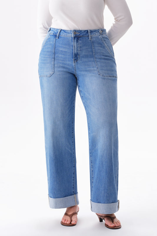 Plus Mid High Rise Cuffed Baggy Wide Leg Full Jeans ESFW620839-P
