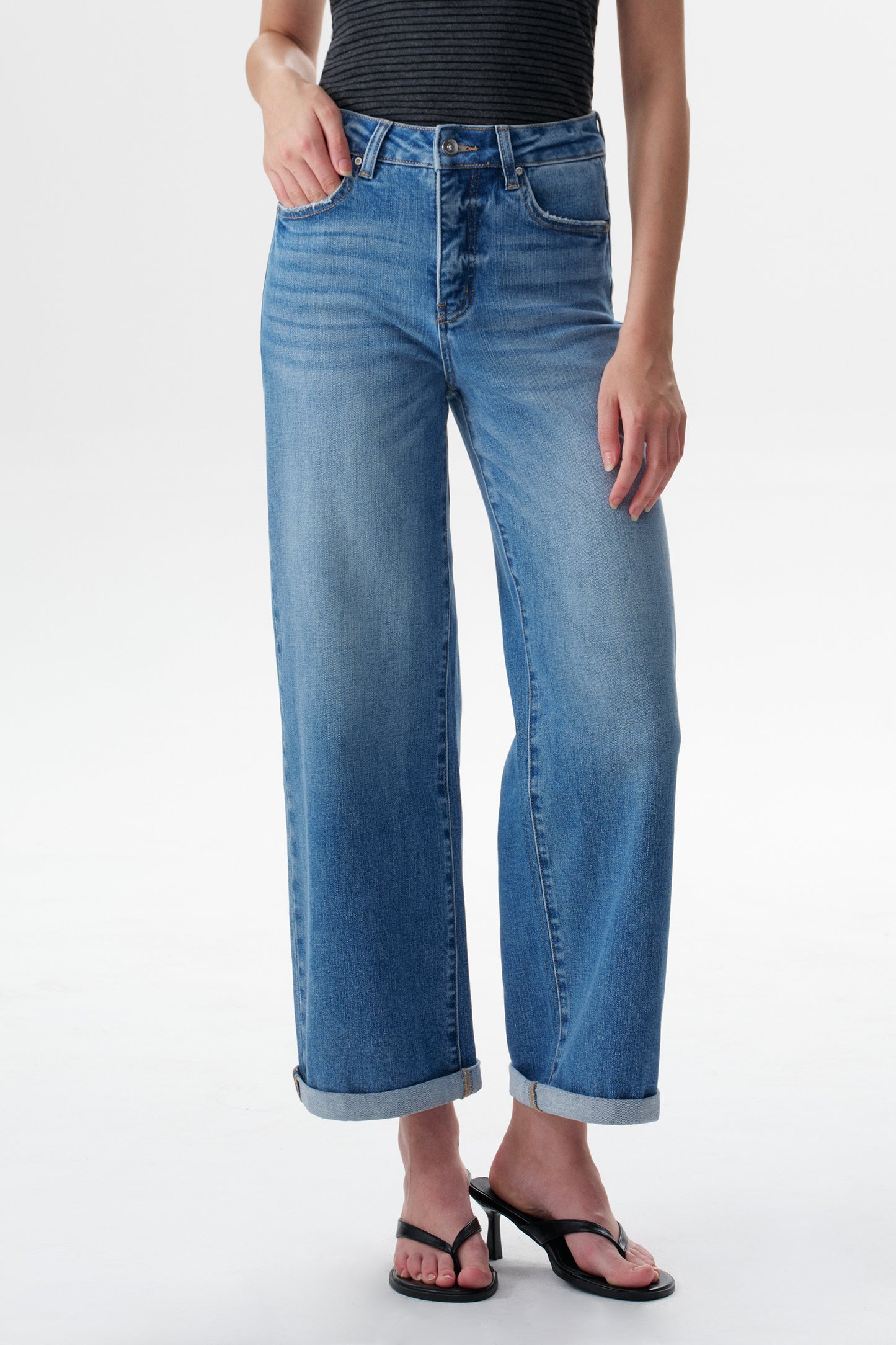 Mid High Rise Cuffed Wide Leg Ankle Jeans ESFW620808