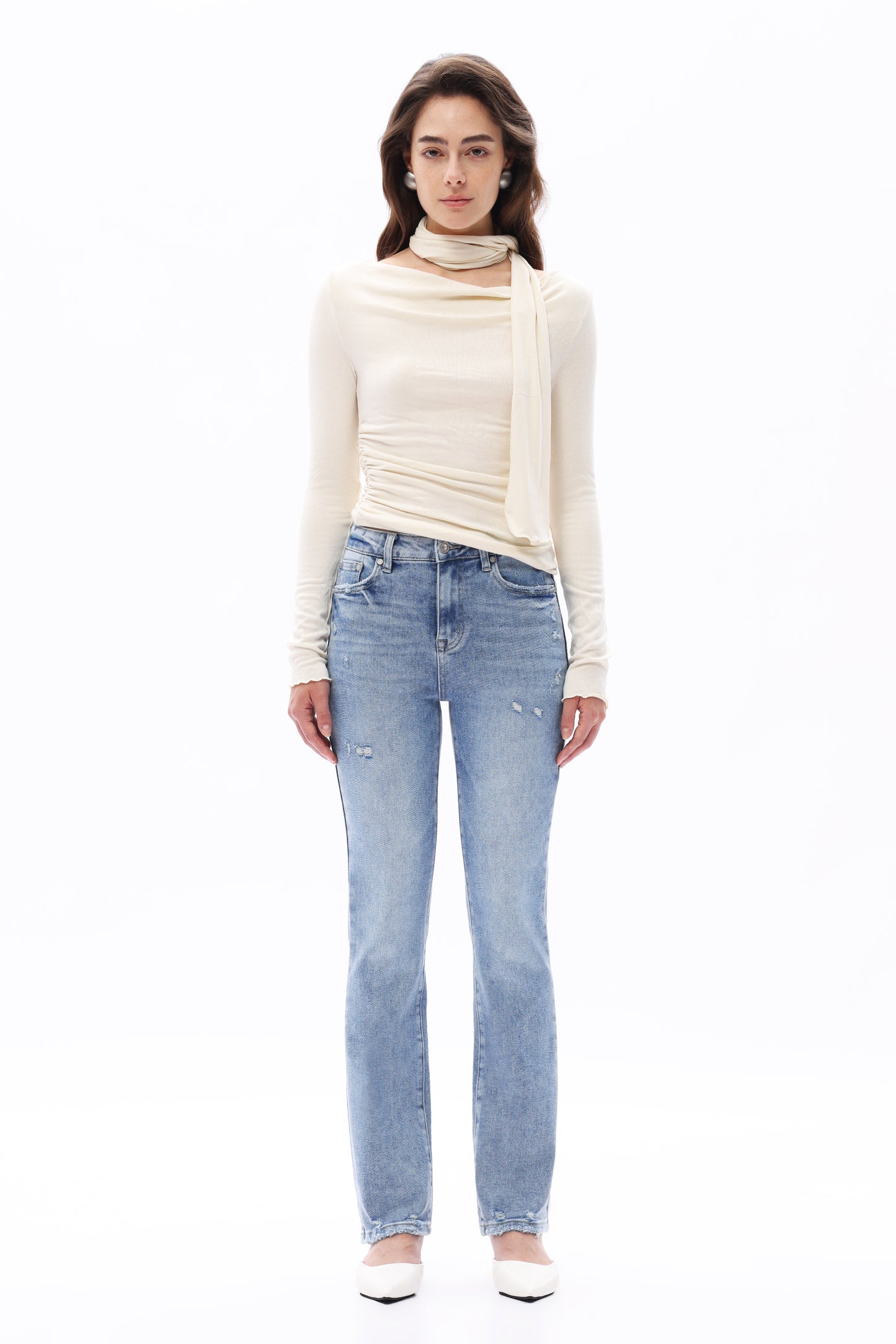 High Rise Straight Leg  Distressed Jeans OST5027