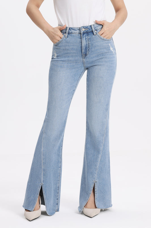 Front Hem Slit High Rise Flare Denim Jeans OSF1145EC