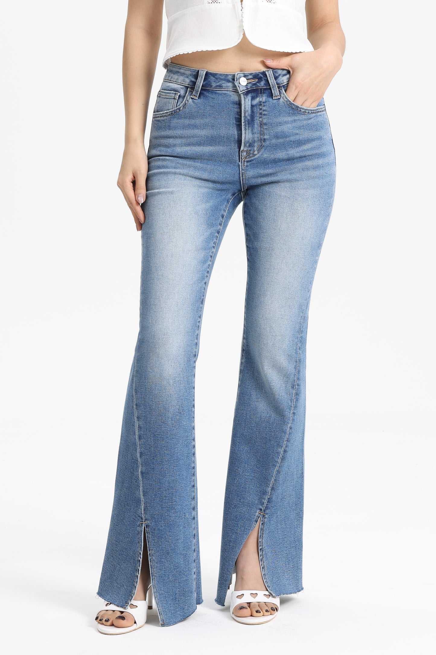 High Rise Flare Jeans with Split Raw-Edge Cuffs OSF1100