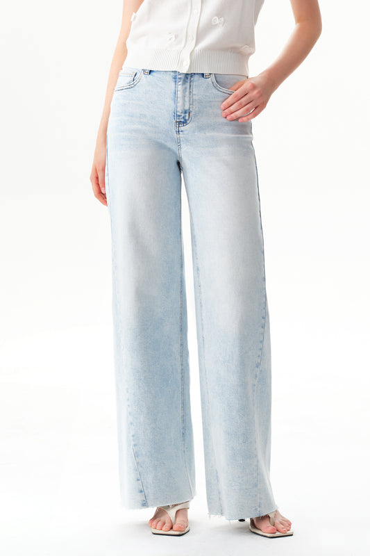 Flattering Soft Faded Wash High Rise Wide Leg Denim Jeans OSW8185