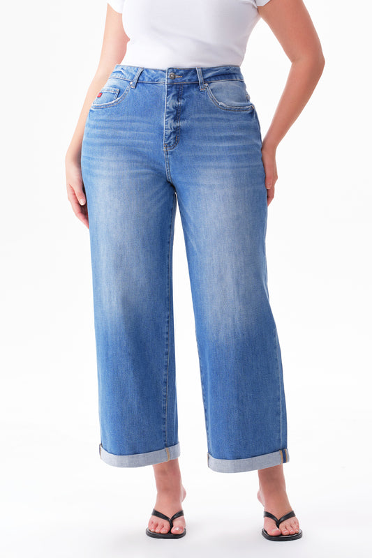 Plus Mid High Rise Cuffed Wide Leg Ankle Jeans ESFW620808-P