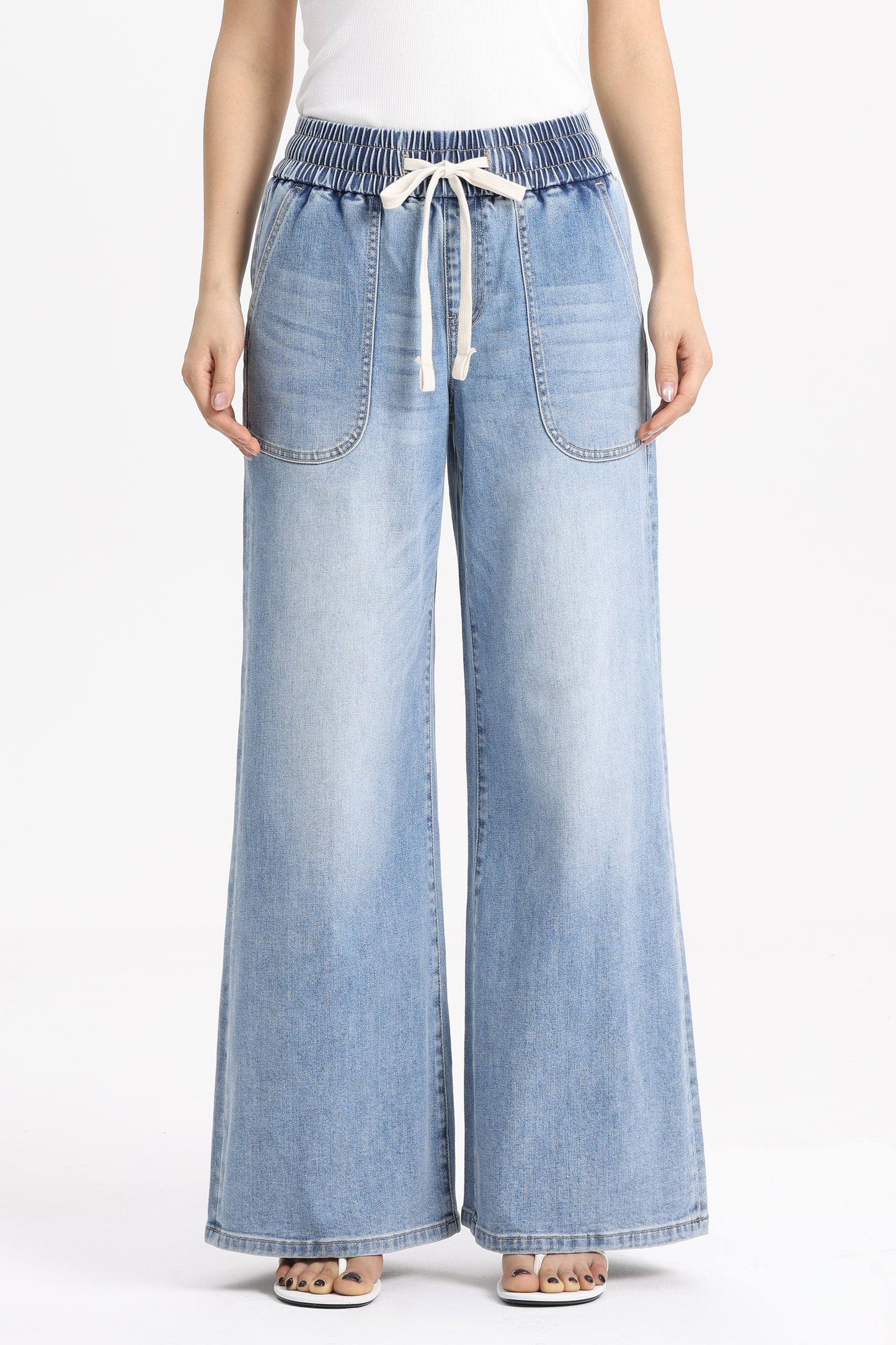 High Rise Drawstring Wide Leg Denim Jeans OSGG001