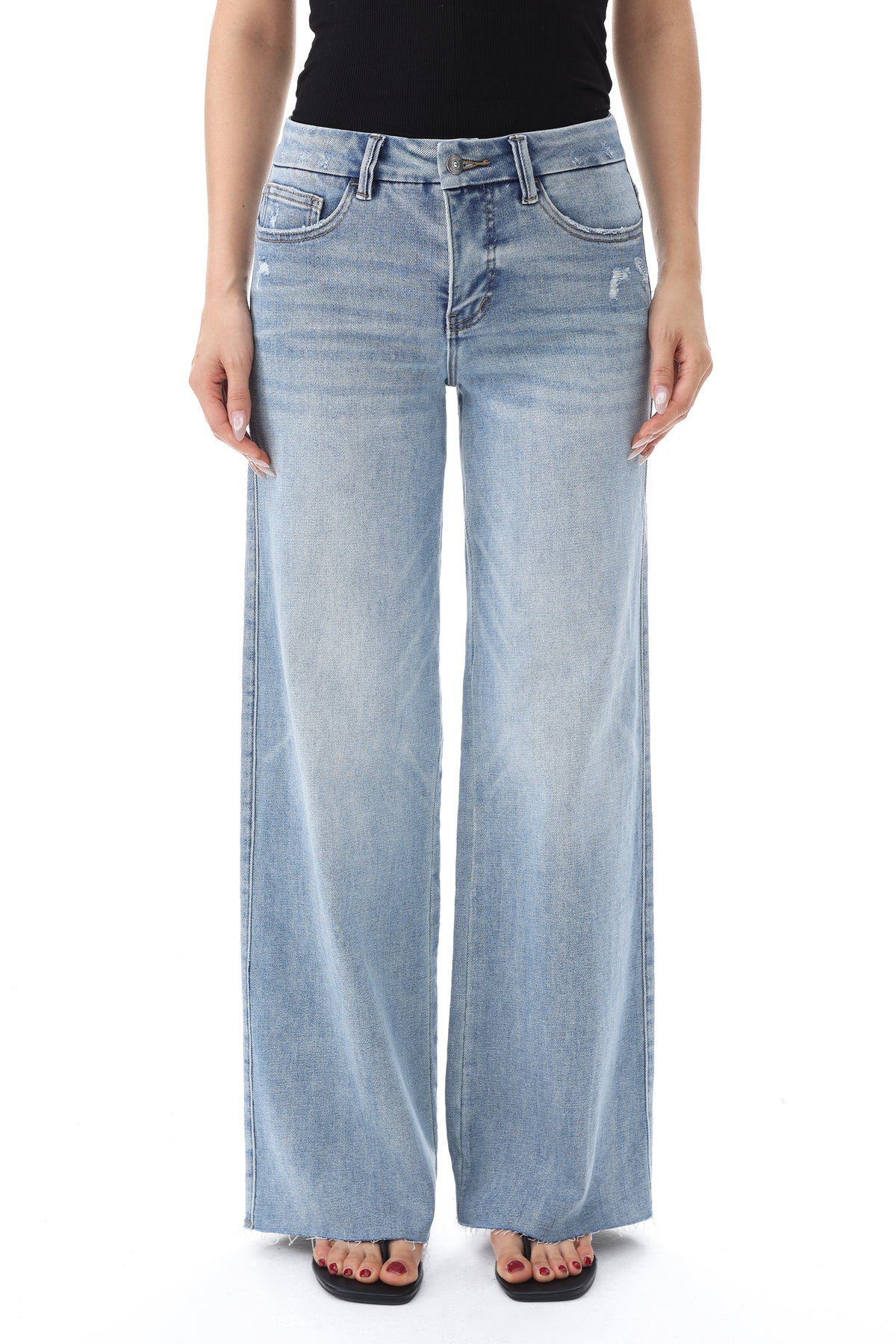 Mid Rise Wide Leg Jeans Raw Hem Vintage Denim OSW8019
