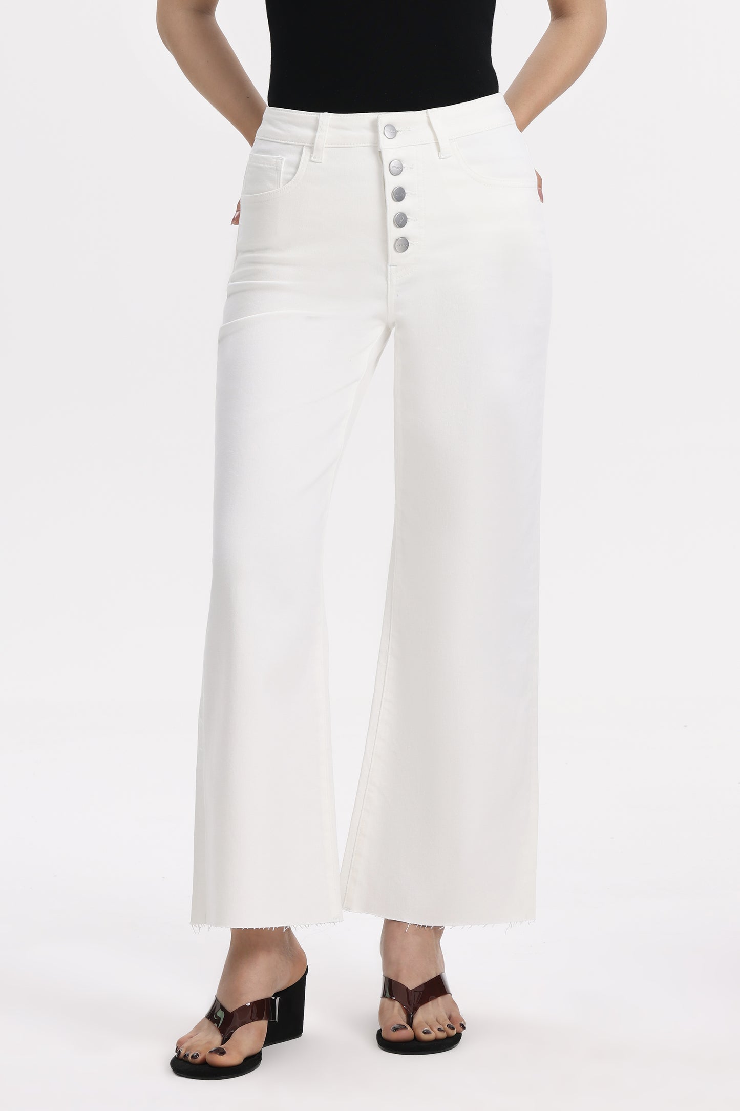 Cropped High Rise Wide Leg Jeans with Button-Fly Raw Hem OSN003