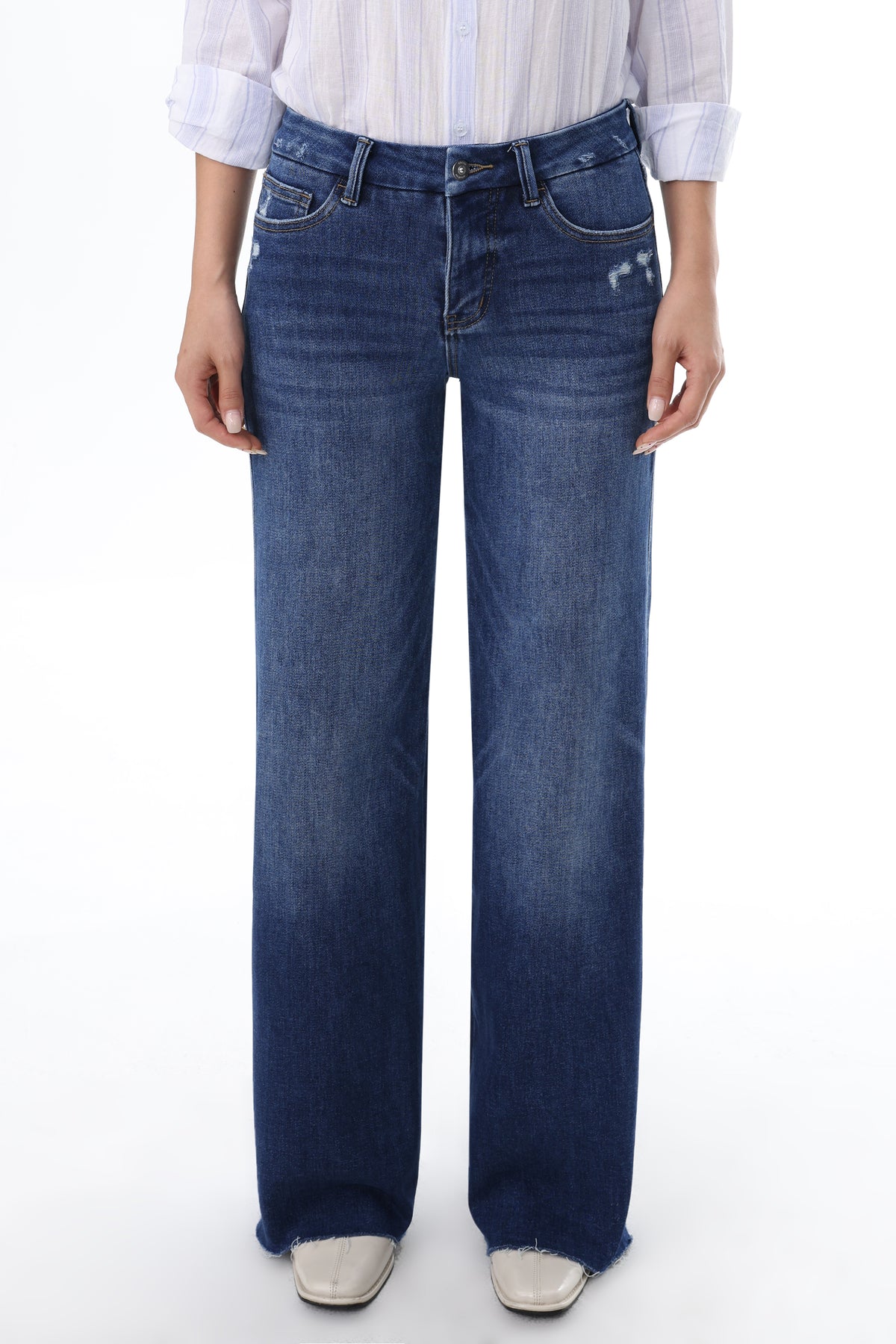 Mid Rise Wide Leg Jeans Raw Hem Vintage Denim OSW8019