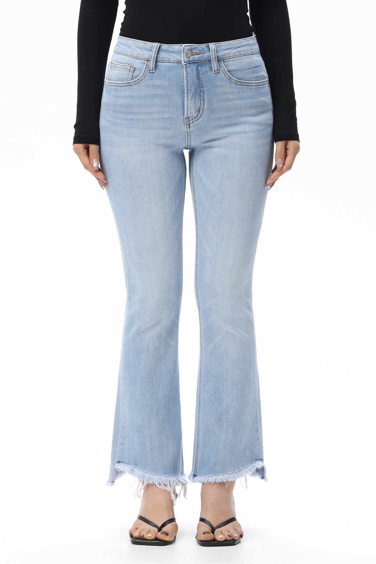 Mid Rise Raw Frayed Hem Ankle Bootcut Jeans OSF1142