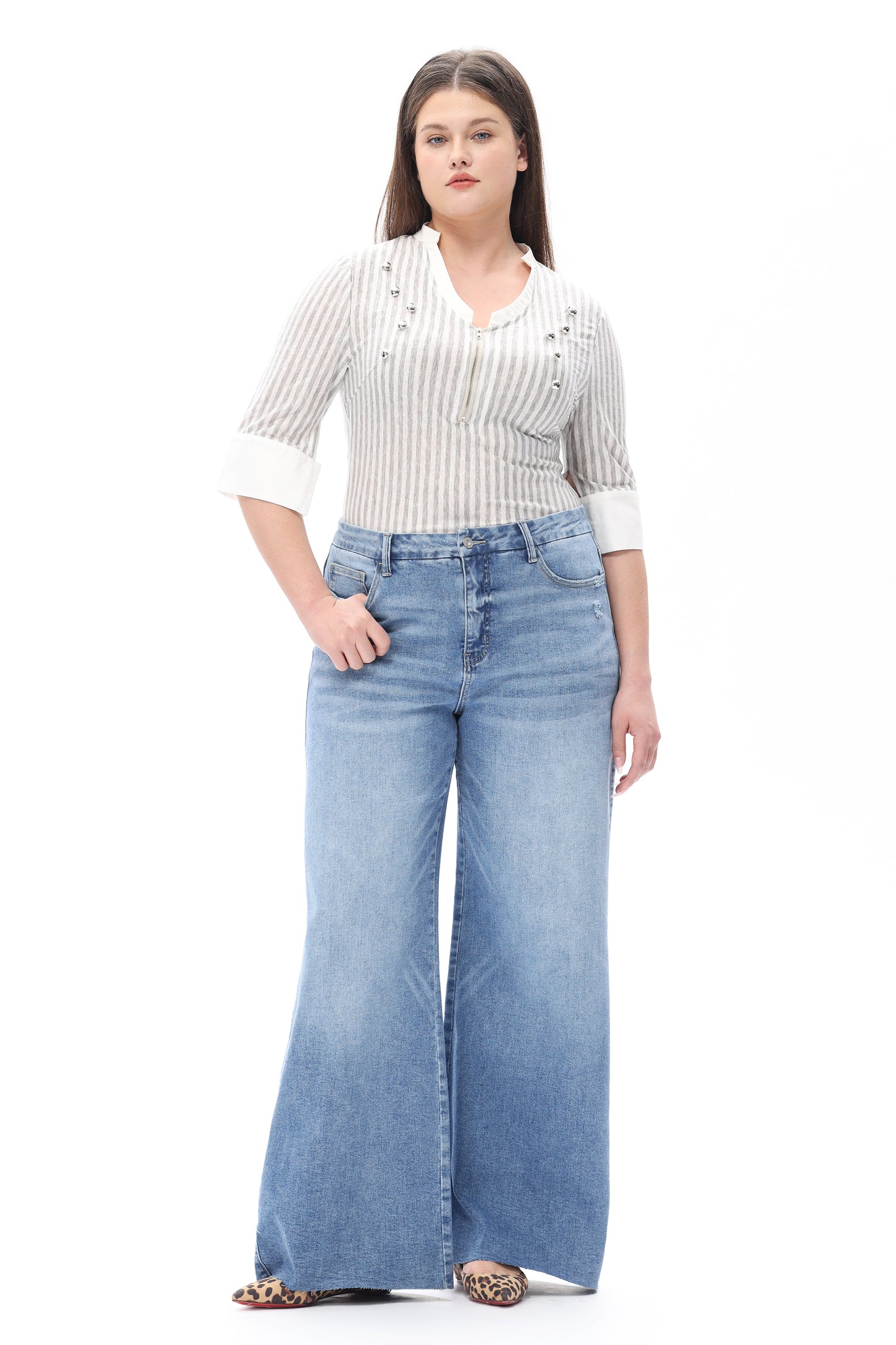 MID RISE WIDE LEG JEANS RAW HEM VINTAGE DENIM OSW8019-P