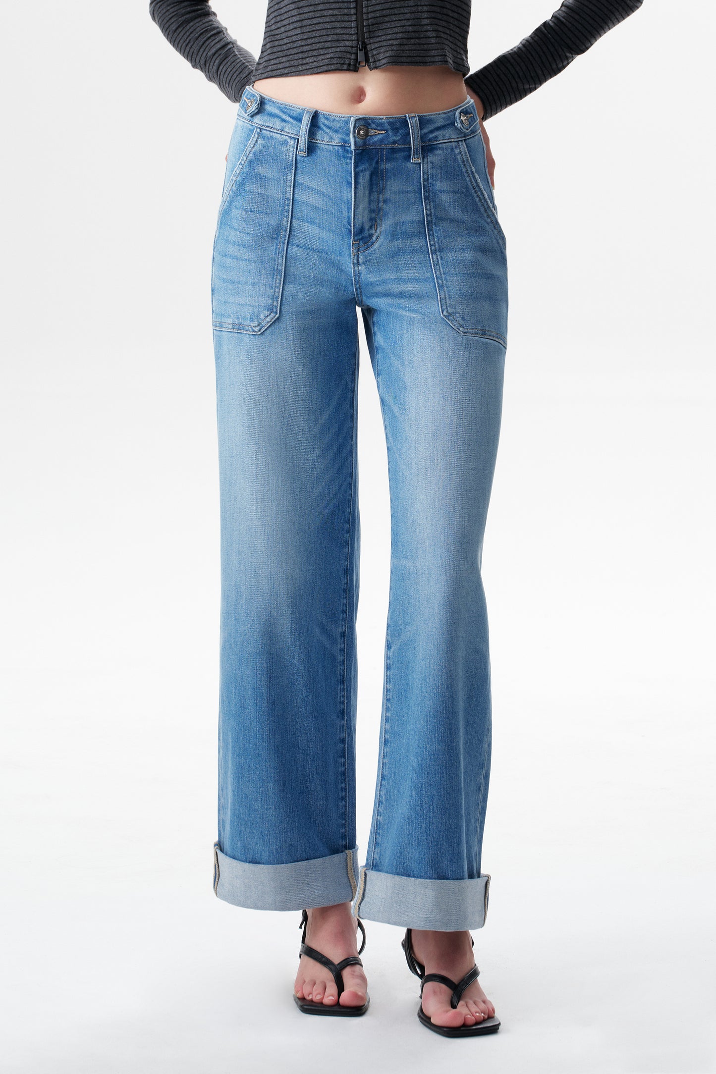 Mid High Rise Cuffed Baggy Wide Leg Full Jeans ESFW620839