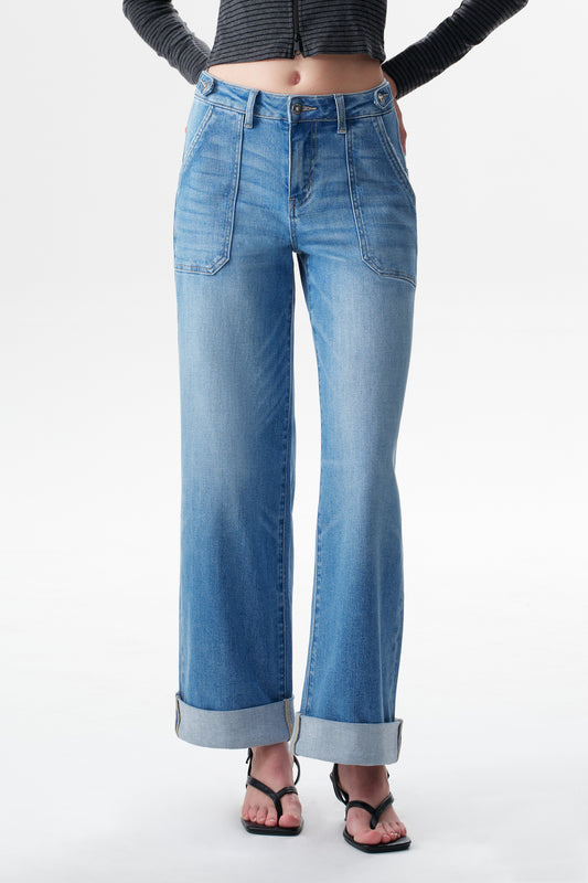 Mid High Rise Cuffed Baggy Wide Leg Full Jeans ESFW620839