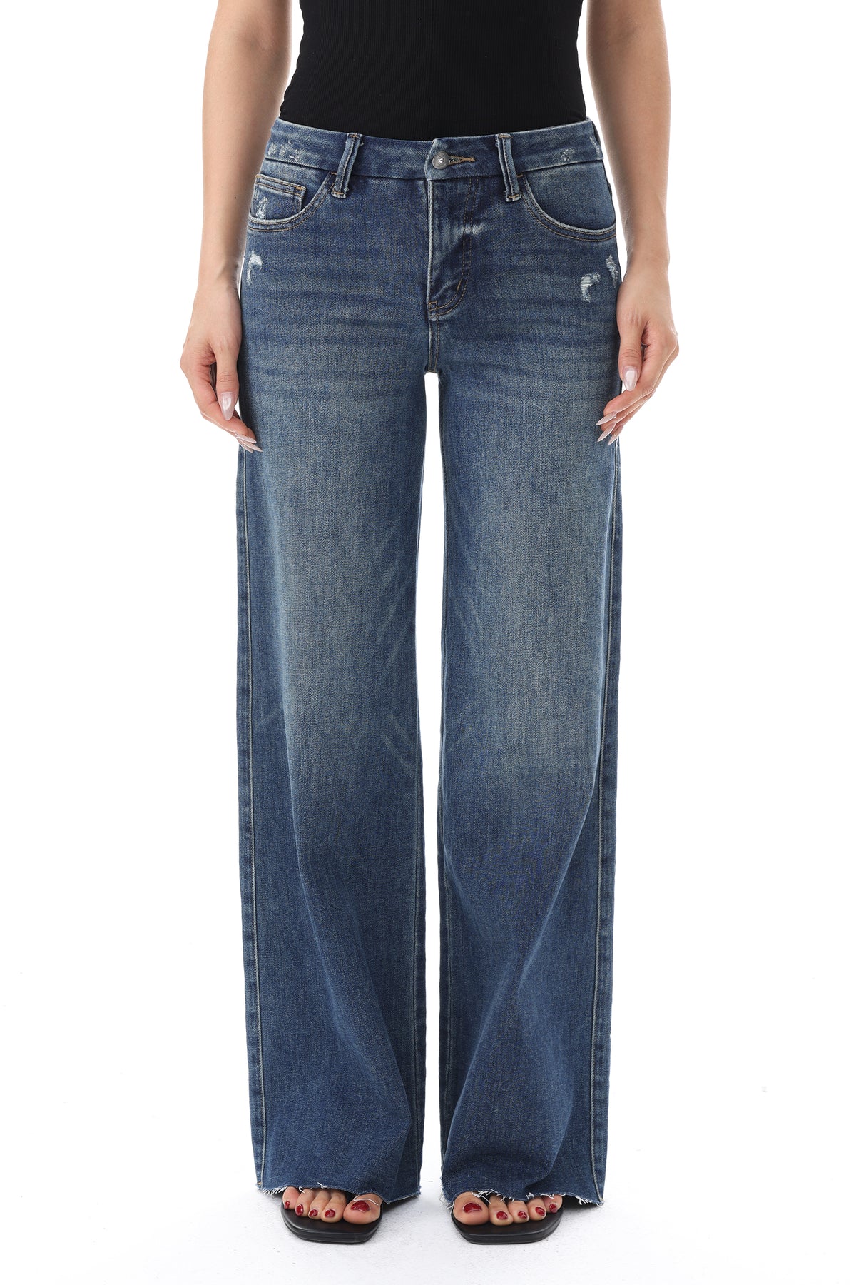 Mid Rise Wide Leg Jeans Raw Hem Vintage Denim OSW8019