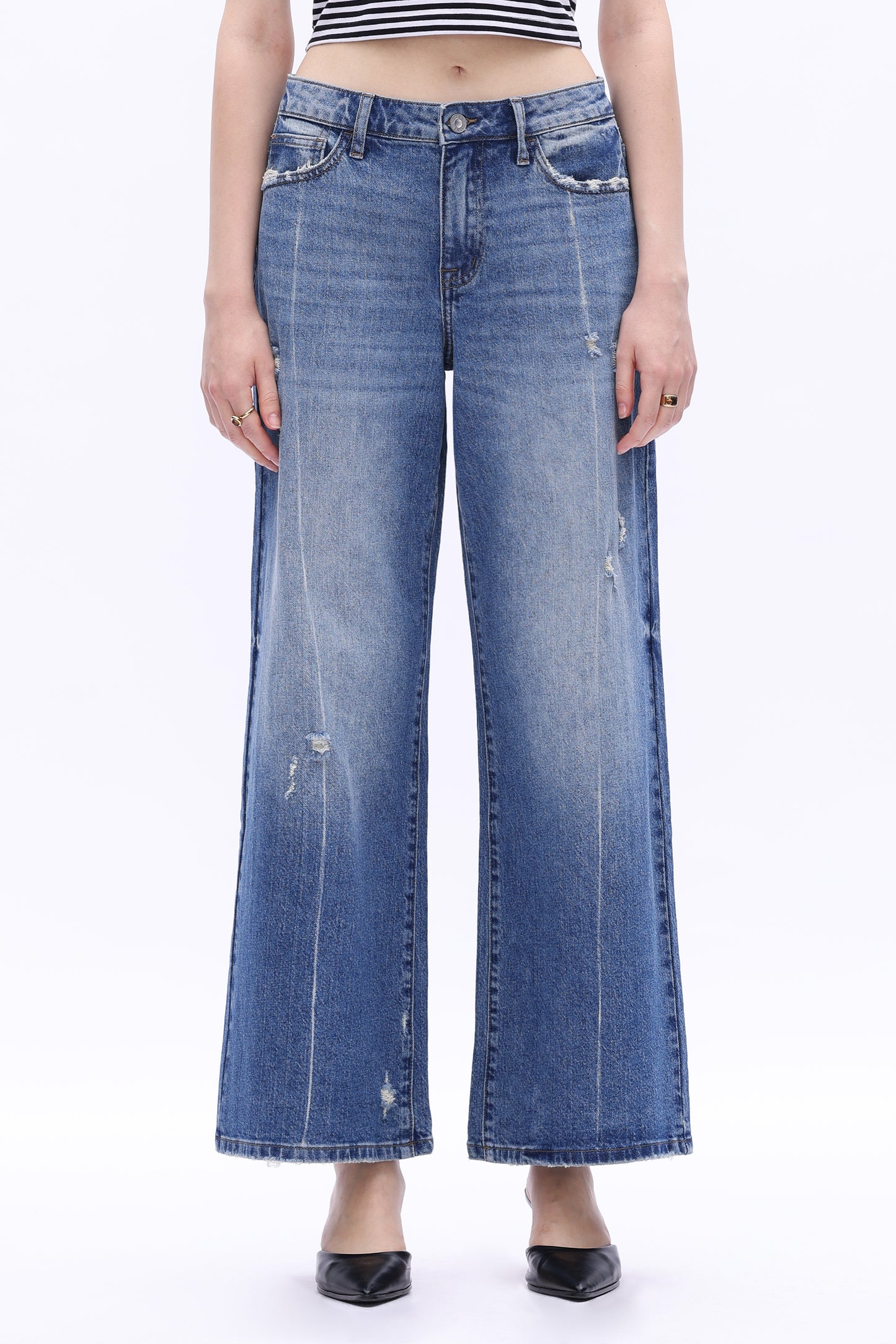 Low Rise Wide Leg  Distressed Jeans OSW8014