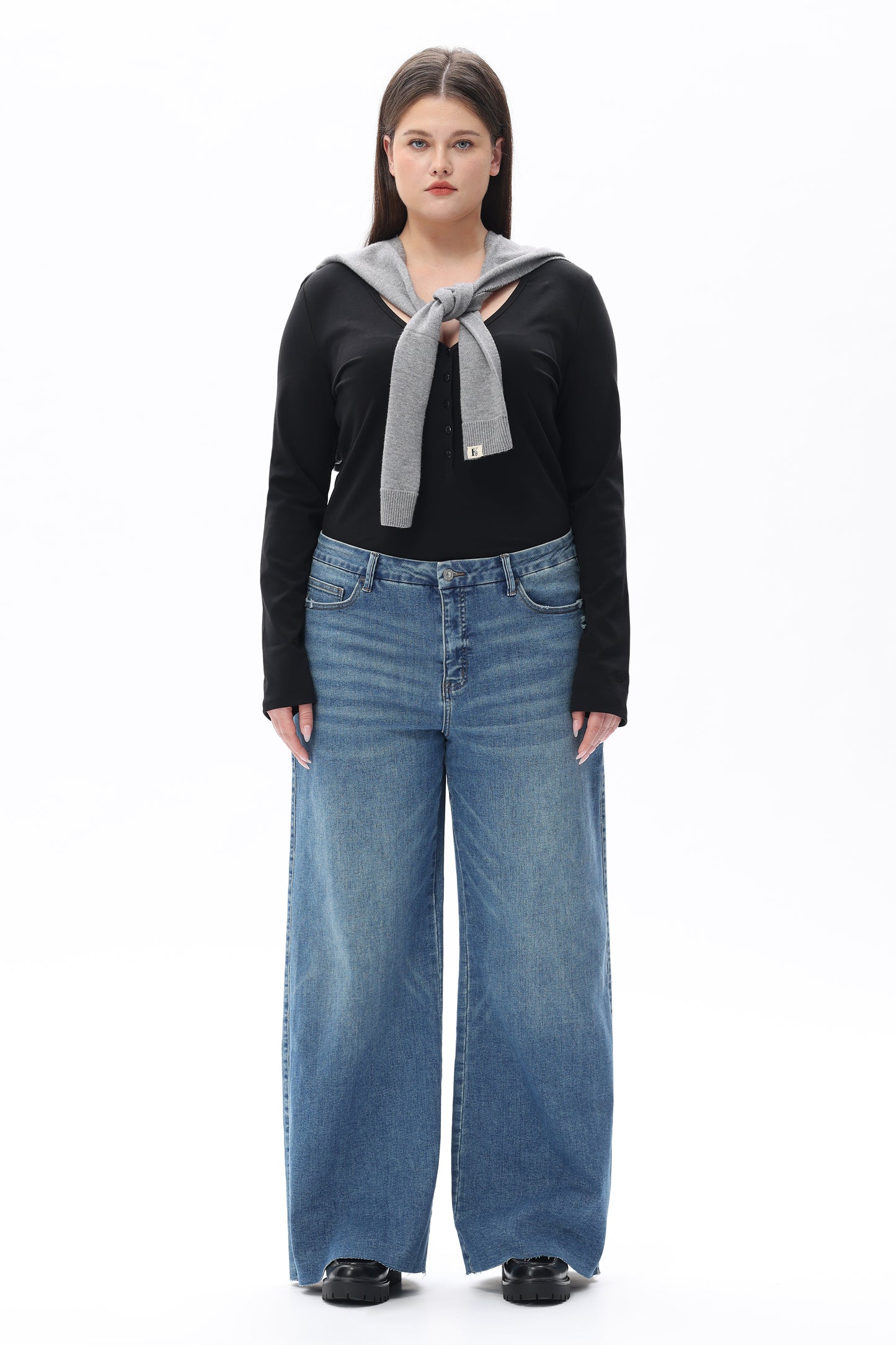 MID RISE WIDE LEG JEANS RAW HEM VINTAGE DENIM OSW8019-P