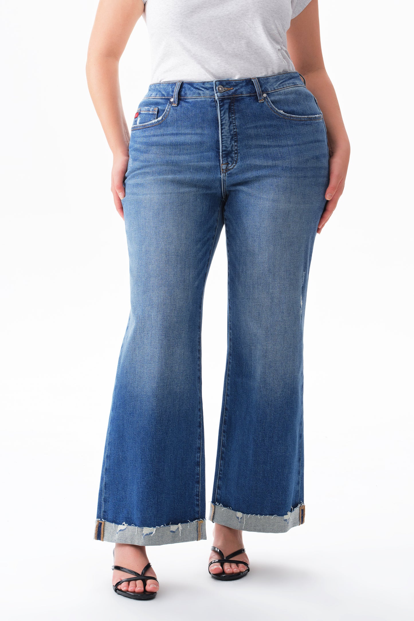 Plus Mid High Rise Cuffed Flared Wide Leg Ankle Jeans ESFW620803-P