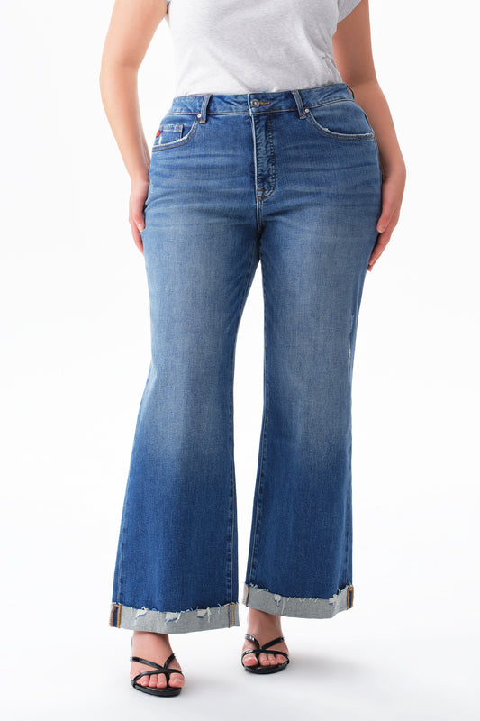 Plus Mid High Rise Cuffed Flared Wide Leg Ankle Jeans ESFW620803-P