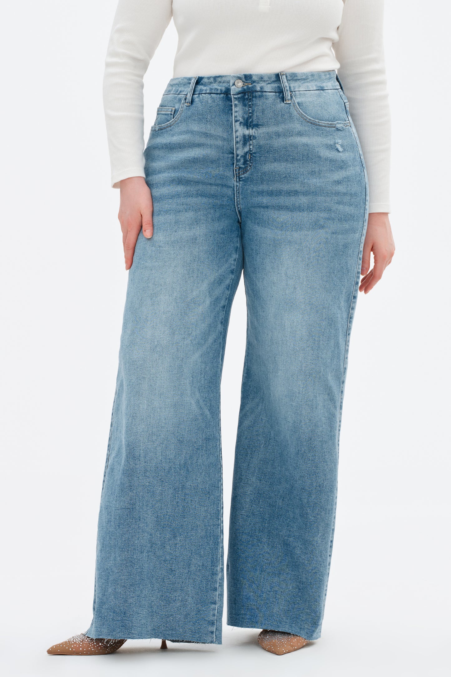 Plus Size Mid Rise Wide Leg Jeans Raw Hem Vintage OSW8019-P