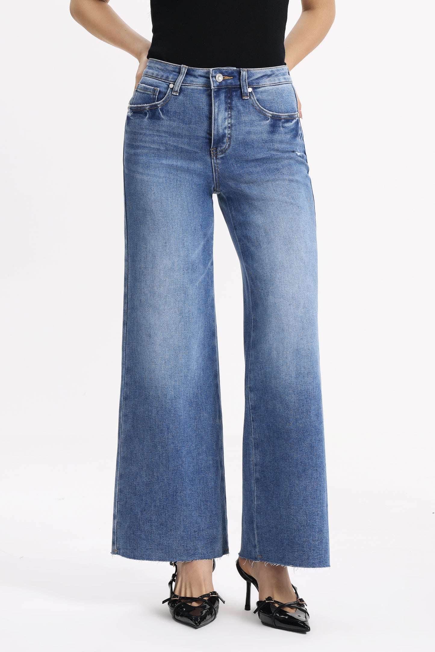 Distressed Mid Rise Wide Leg Denim Jeans OSW8028EC