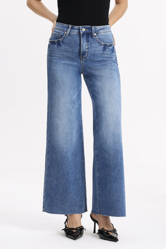 Distressed Mid Rise Wide Leg Denim Jeans OSW8028EC