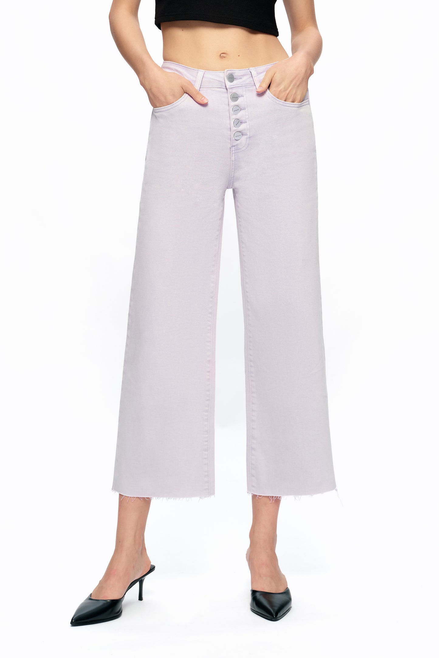 Cropped High Rise Wide Leg Jeans with Button-Fly Raw Hem OSN003