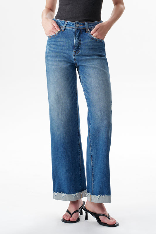 Mid High Rise Cuffed Flared Wide Leg Ankle Jeans ESFW620803