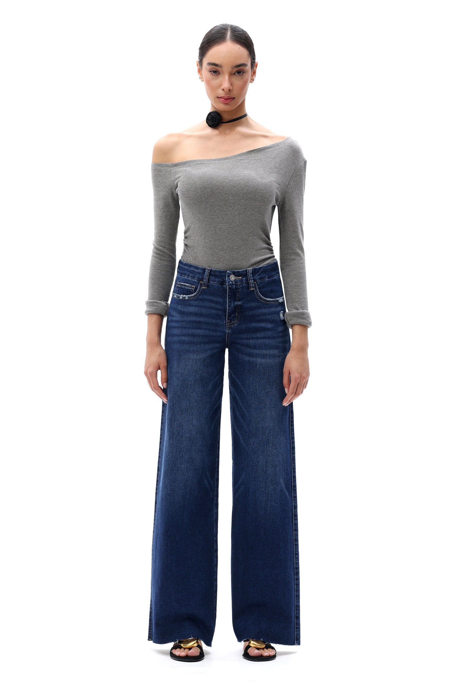 Mid Rise Wide Leg Jeans Raw Hem Vintage Denim OSW8019
