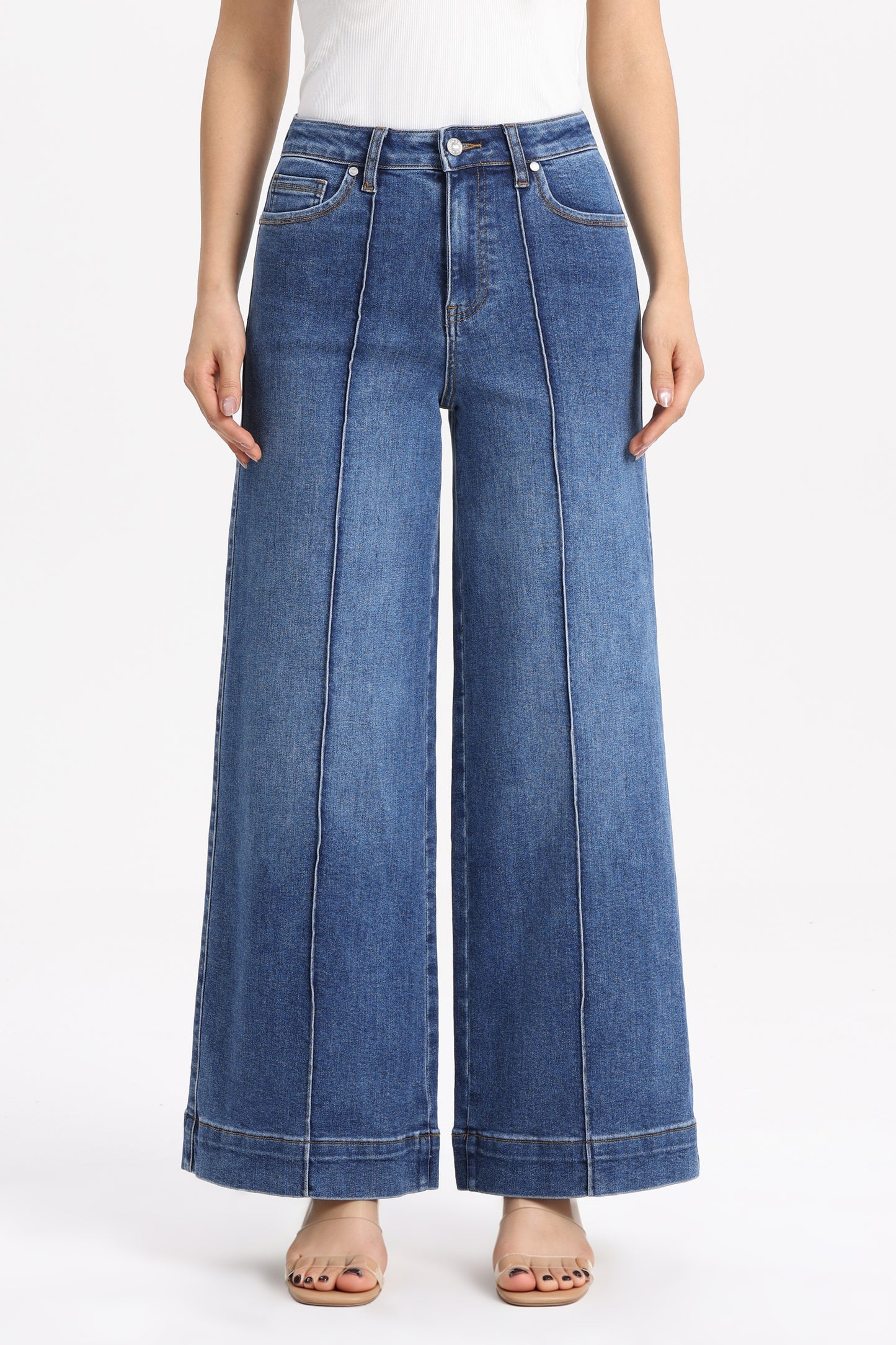 High Rise Wide Leg Denim Jeans with  Front Seams OSW8025EC