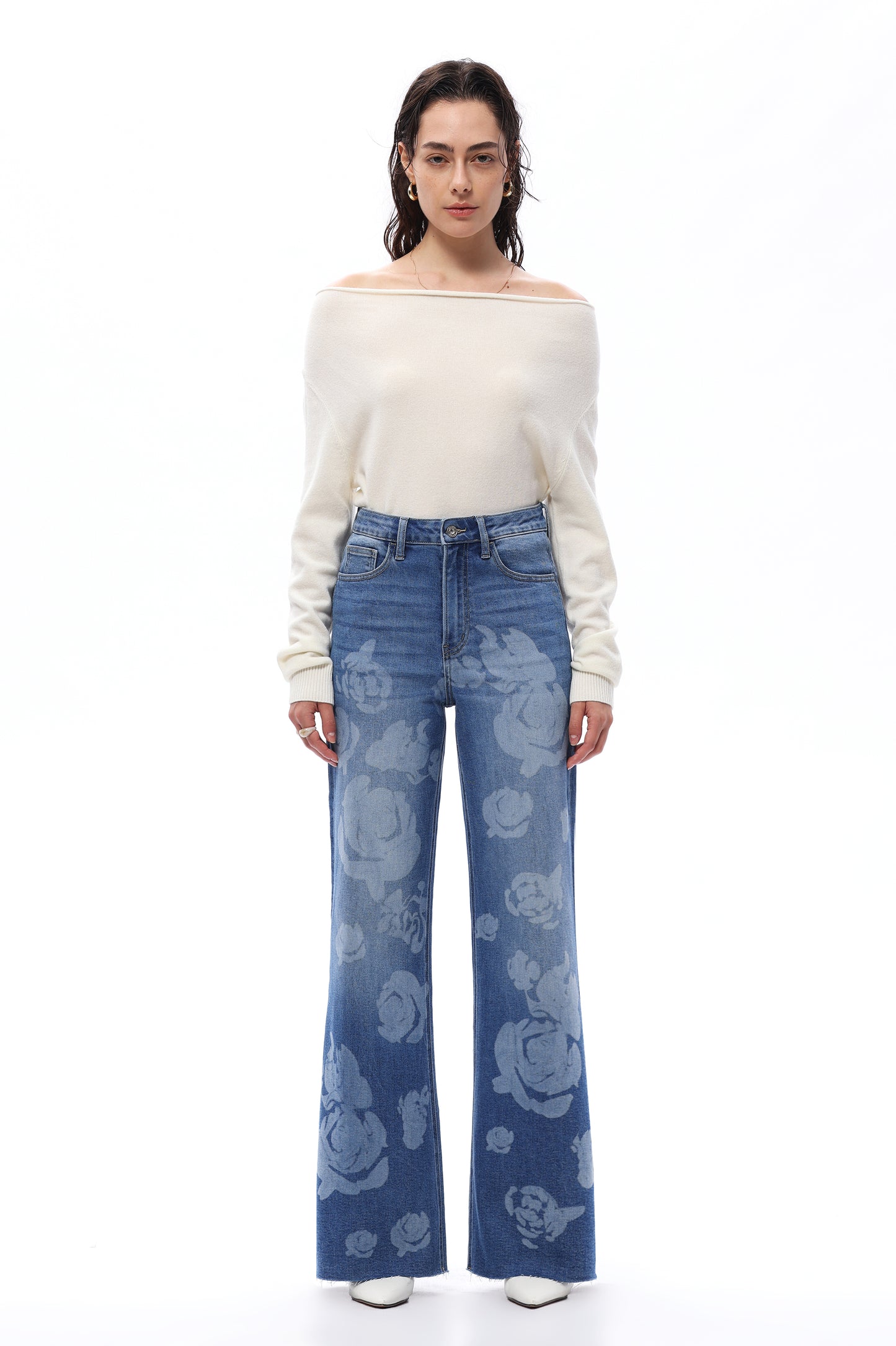 SUPER HIGH RISE WIDE LEG DENIM JEANS WITH FLORAL PRINT OSW8101-2 MEDIUM BLUE