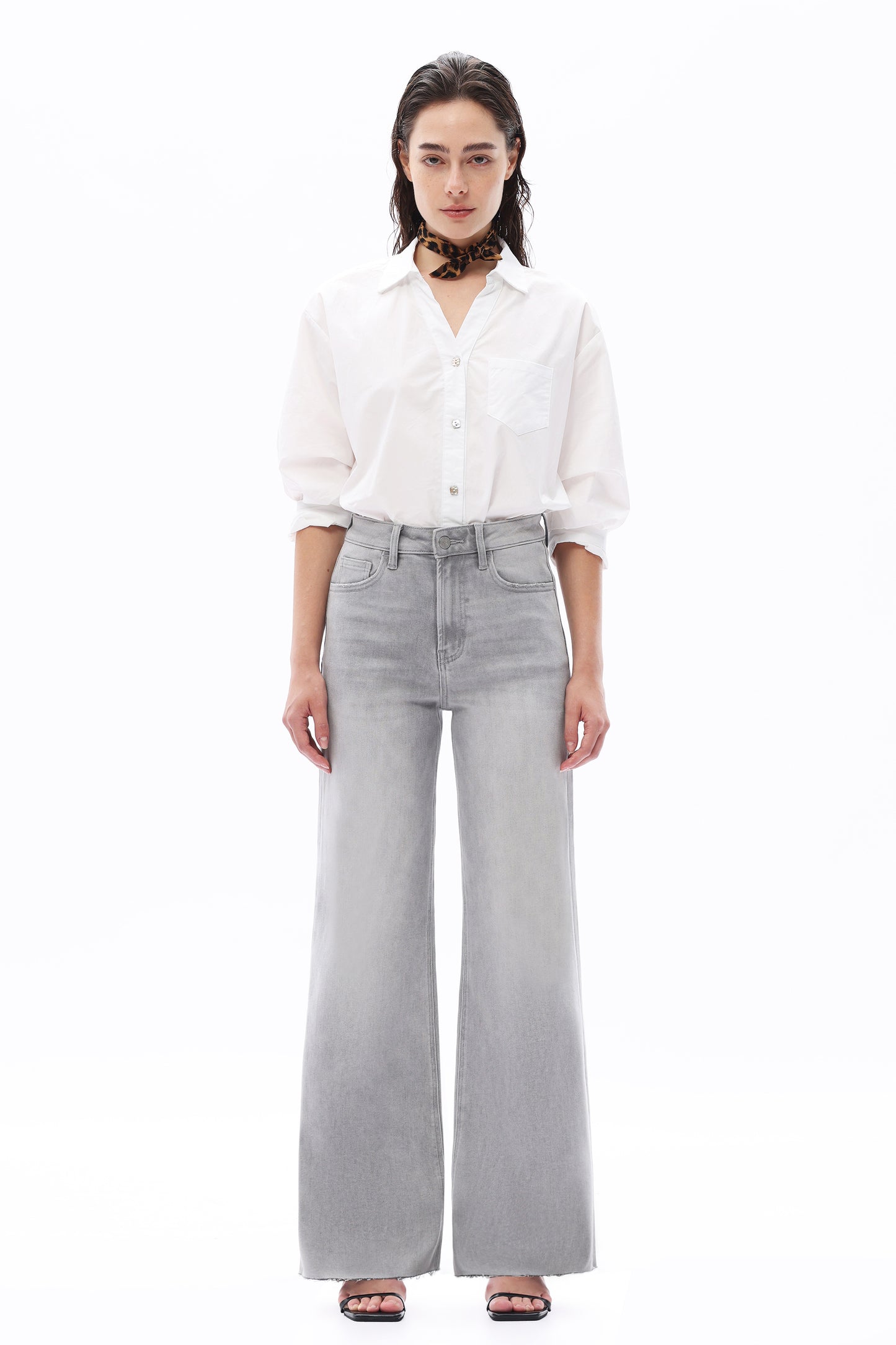 SUPER HIGH RISE WIDE LEG FRAYED HEM DENIM JEANS OSW8101-1 STONE GRAY