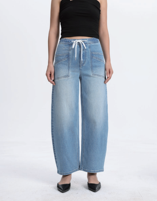 Super High Rise Elastic Waistband Barrel Cropped Jeans ESFO630X04